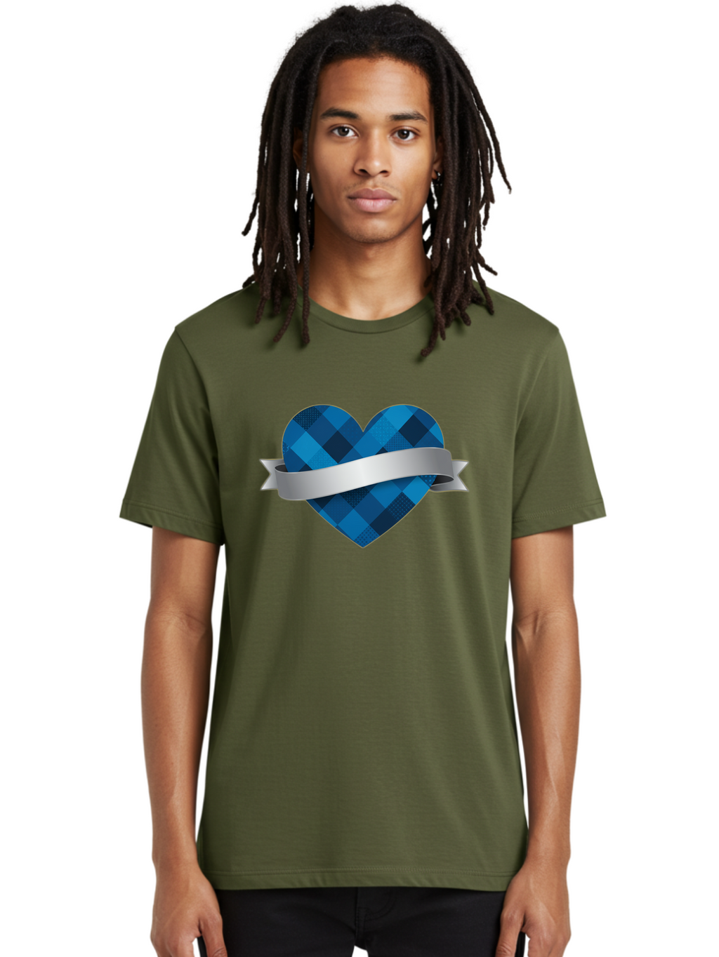 Blue-Plaid-Heart Men'S Graphic Tee, 100% Cotton, Comfortable Casual Summer Wear, Machine Washable, Blue Plaid Heart, Silver Ribbon, Love Symbol, Heart Shape, Textured Pattern, Checkered Design, Elegant Graphics, Symbolic Heart Bae139
