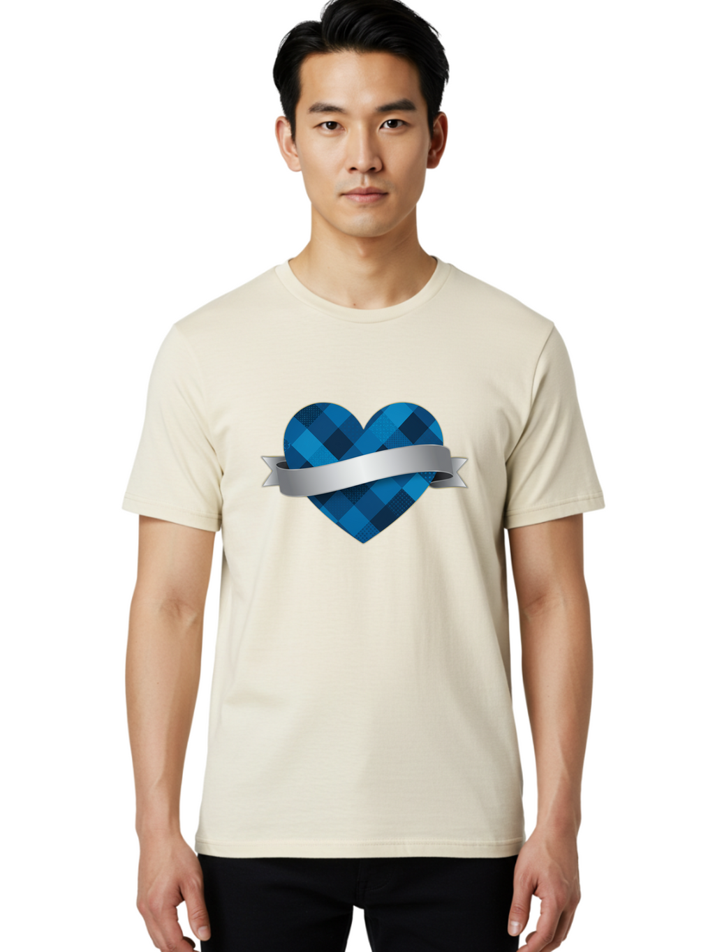 Blue-Plaid-Heart Men'S Graphic Tee, 100% Cotton, Comfortable Casual Summer Wear, Machine Washable, Blue Plaid Heart, Silver Ribbon, Love Symbol, Heart Shape, Textured Pattern, Checkered Design, Elegant Graphics, Symbolic Heart Bae139