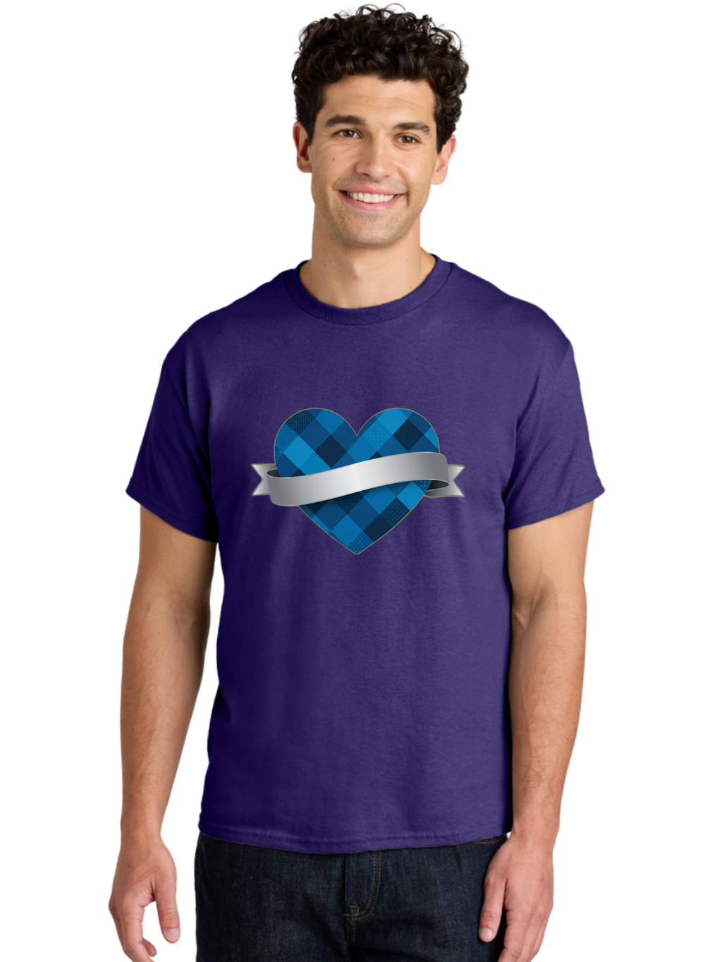 Blue-Plaid-Heart Men'S Graphic Tee, 100% Cotton, Comfortable Casual Summer Wear, Machine Washable, Blue Plaid Heart, Silver Ribbon, Love Symbol, Heart Shape, Textured Pattern, Checkered Design, Elegant Graphics, Symbolic Heart Bae139