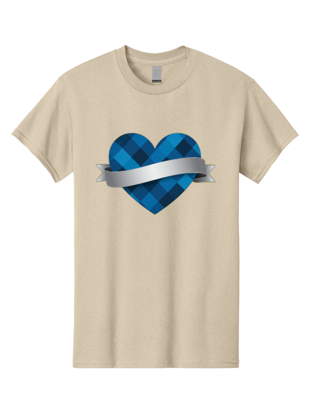 Blue-Plaid-Heart Men'S Graphic Tee, 100% Cotton, Comfortable Casual Summer Wear, Machine Washable, Blue Plaid Heart, Silver Ribbon, Love Symbol, Heart Shape, Textured Pattern, Checkered Design, Elegant Graphics, Symbolic Heart Bae139