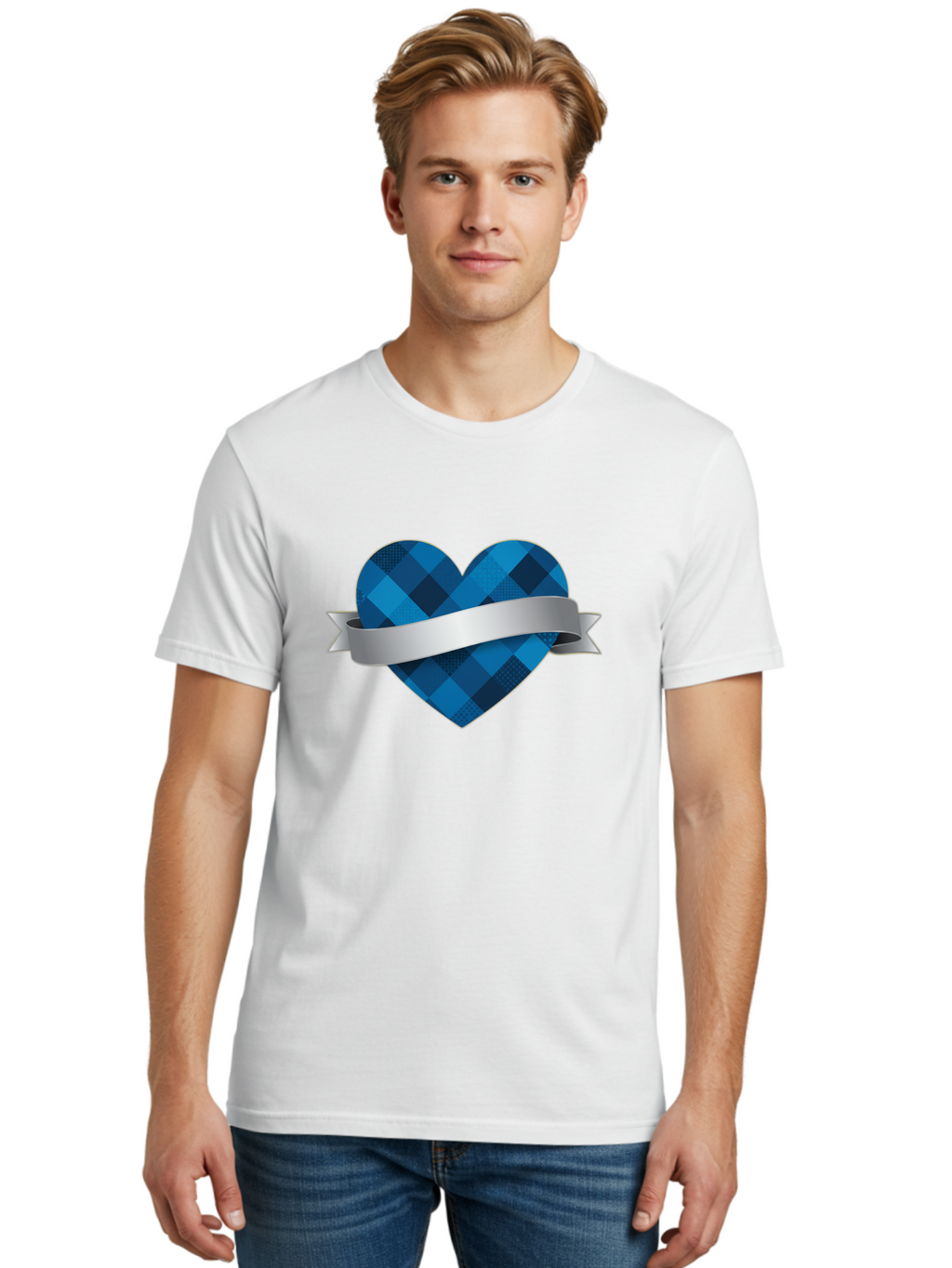 Blue-Plaid-Heart Men'S Graphic Tee, 100% Cotton, Comfortable Casual Summer Wear, Machine Washable, Blue Plaid Heart, Silver Ribbon, Love Symbol, Heart Shape, Textured Pattern, Checkered Design, Elegant Graphics, Symbolic Heart Bae139