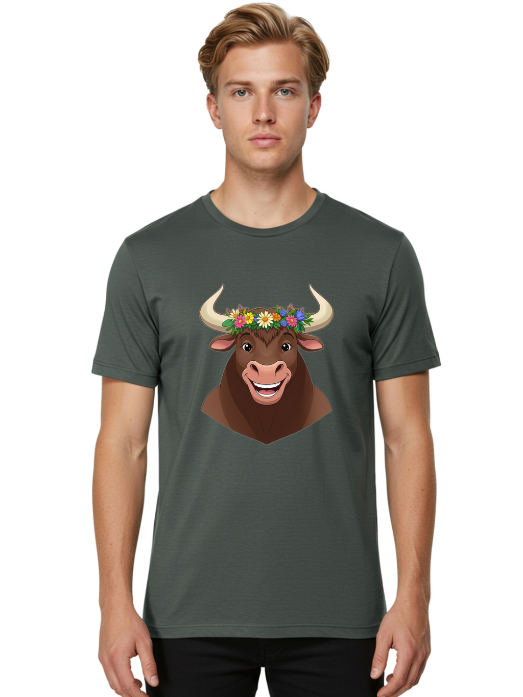 Bull-With-Flowers Men'S Graphic Tee, 100% Cotton, Comfortable Casual Summer Wear, Machine Washable, Cartoon Bull, Floral Crown, Colorful Flowers, Happy Bull, Smiling Face, Cheerful Mood, Vibrant Colors, Playful Character, Funny Illustration, Bae140