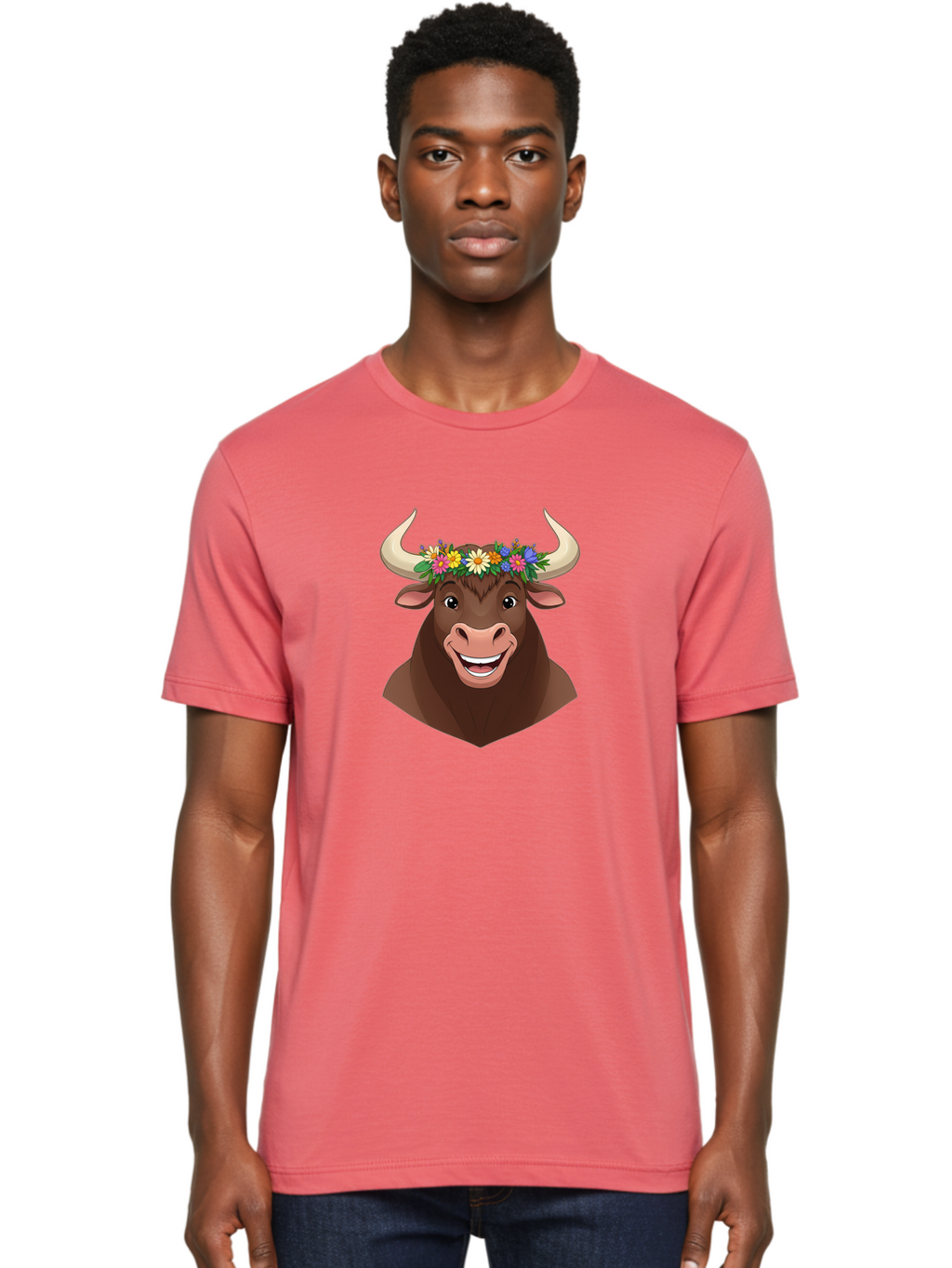 Bull-With-Flowers Men'S Graphic Tee, 100% Cotton, Comfortable Casual Summer Wear, Machine Washable, Cartoon Bull, Floral Crown, Colorful Flowers, Happy Bull, Smiling Face, Cheerful Mood, Vibrant Colors, Playful Character, Funny Illustration, Bae140