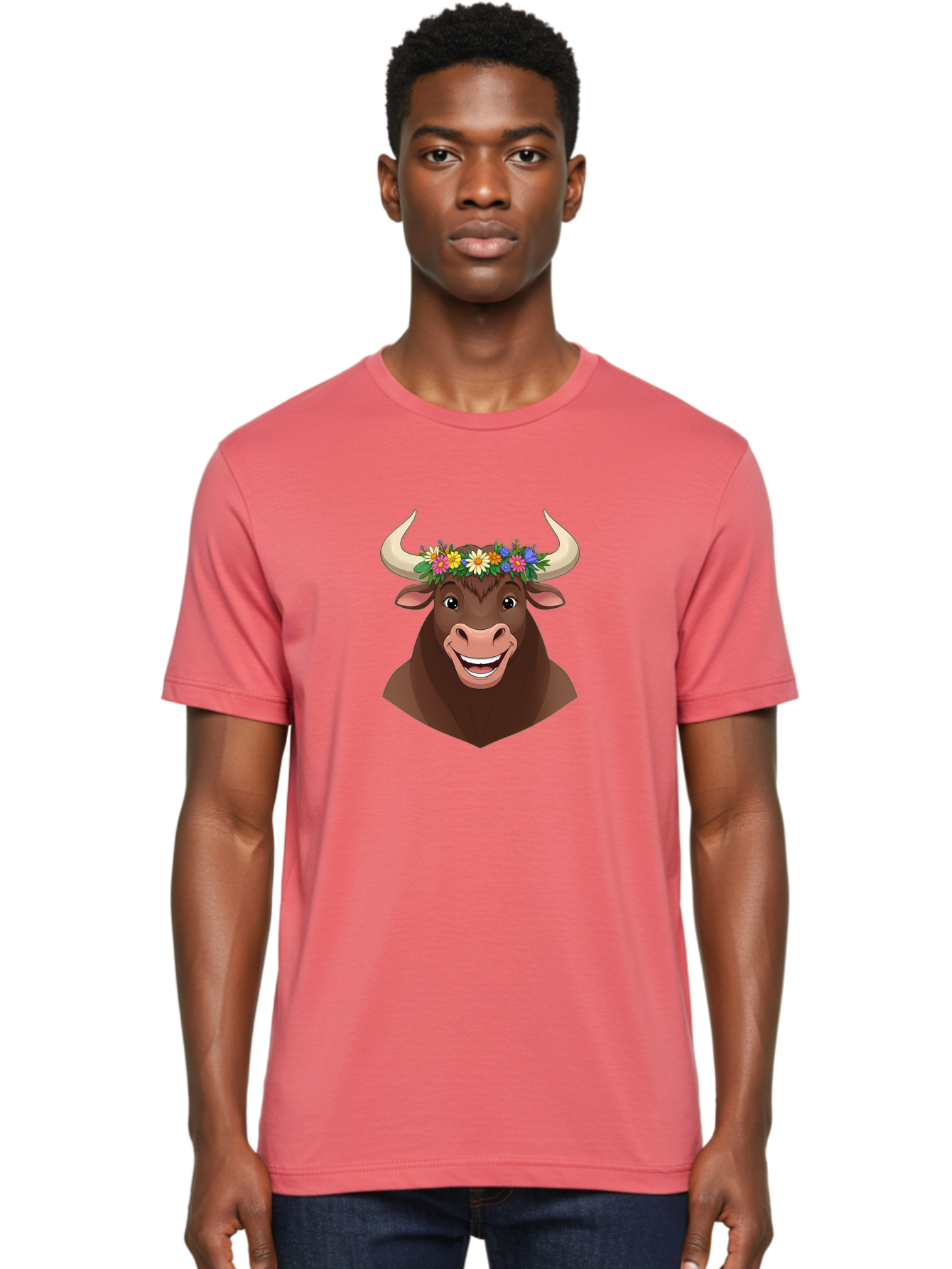 Bull-With-Flowers Men'S Graphic Tee, 100% Cotton, Comfortable Casual Summer Wear, Machine Washable, Cartoon Bull, Floral Crown, Colorful Flowers, Happy Bull, Smiling Face, Cheerful Mood, Vibrant Colors, Playful Character, Funny Illustration, Bae140