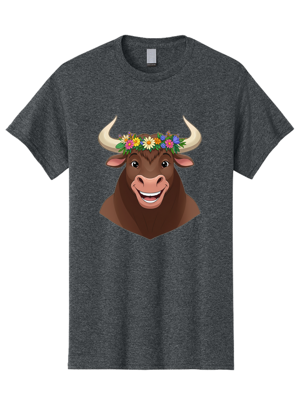 Bull-With-Flowers Men'S Graphic Tee, 100% Cotton, Comfortable Casual Summer Wear, Machine Washable, Cartoon Bull, Floral Crown, Colorful Flowers, Happy Bull, Smiling Face, Cheerful Mood, Vibrant Colors, Playful Character, Funny Illustration, Bae140