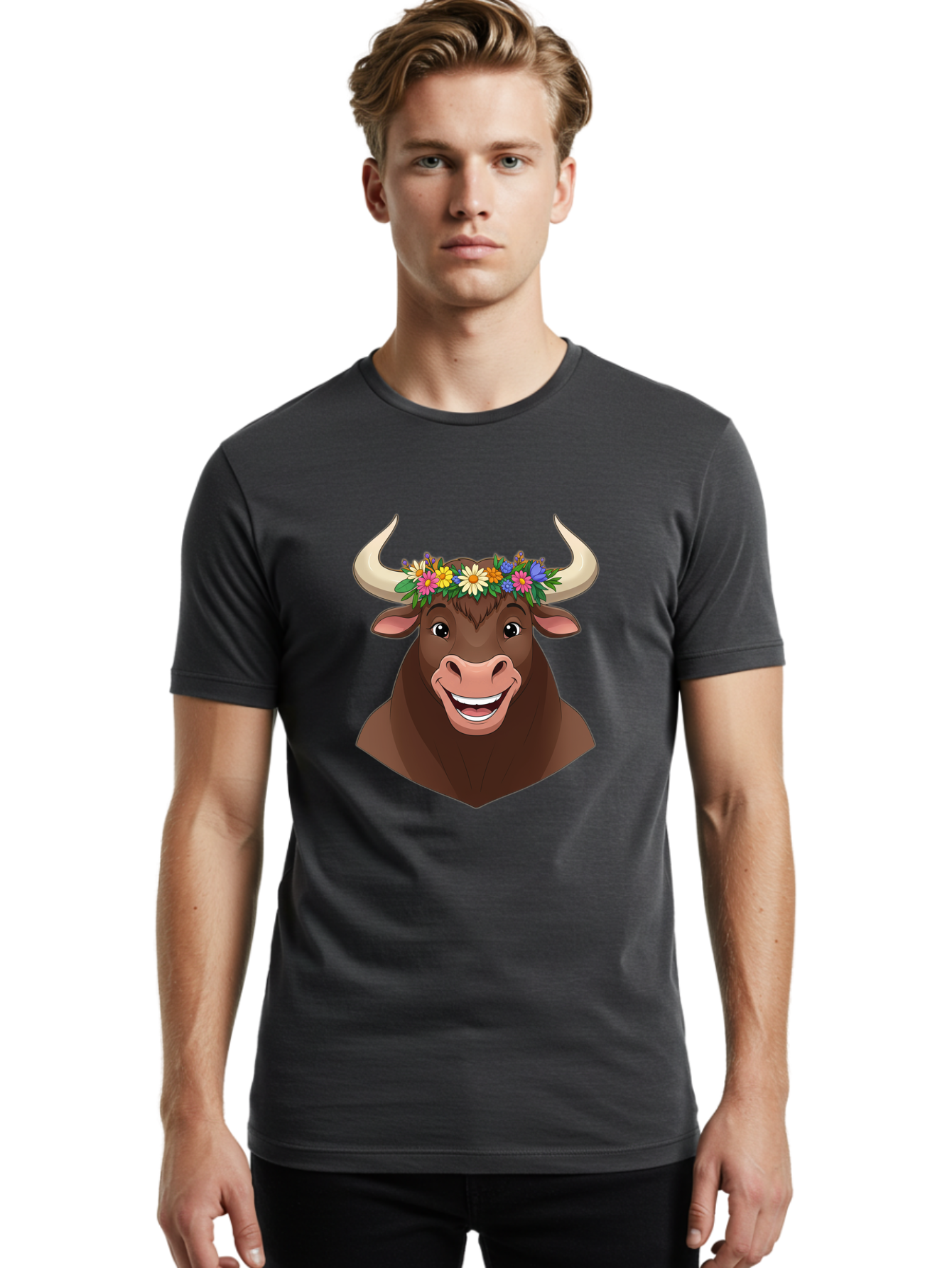 Bull-With-Flowers Men'S Graphic Tee, 100% Cotton, Comfortable Casual Summer Wear, Machine Washable, Cartoon Bull, Floral Crown, Colorful Flowers, Happy Bull, Smiling Face, Cheerful Mood, Vibrant Colors, Playful Character, Funny Illustration, Bae140