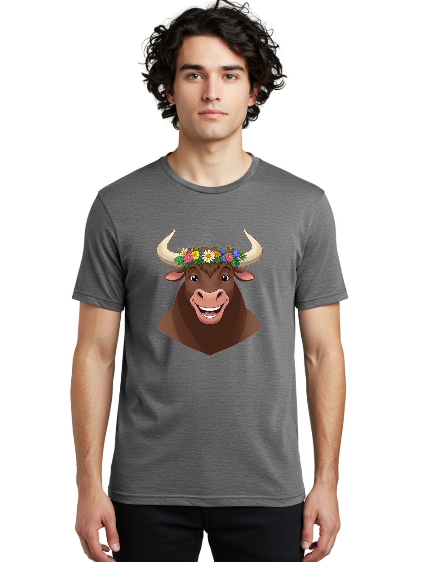 Bull-With-Flowers Men'S Graphic Tee, 100% Cotton, Comfortable Casual Summer Wear, Machine Washable, Cartoon Bull, Floral Crown, Colorful Flowers, Happy Bull, Smiling Face, Cheerful Mood, Vibrant Colors, Playful Character, Funny Illustration, Bae140
