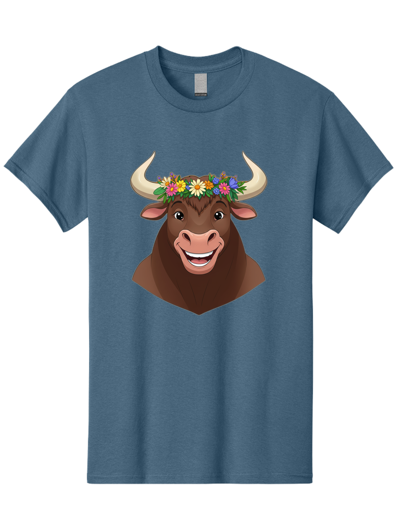 Bull-With-Flowers Men'S Graphic Tee, 100% Cotton, Comfortable Casual Summer Wear, Machine Washable, Cartoon Bull, Floral Crown, Colorful Flowers, Happy Bull, Smiling Face, Cheerful Mood, Vibrant Colors, Playful Character, Funny Illustration, Bae140