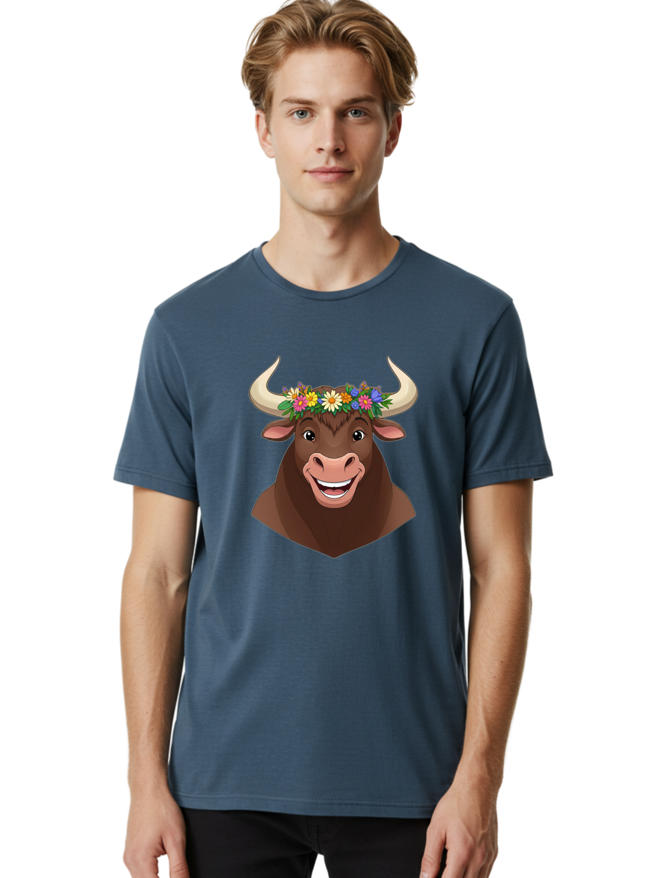 Bull-With-Flowers Men'S Graphic Tee, 100% Cotton, Comfortable Casual Summer Wear, Machine Washable, Cartoon Bull, Floral Crown, Colorful Flowers, Happy Bull, Smiling Face, Cheerful Mood, Vibrant Colors, Playful Character, Funny Illustration, Bae140