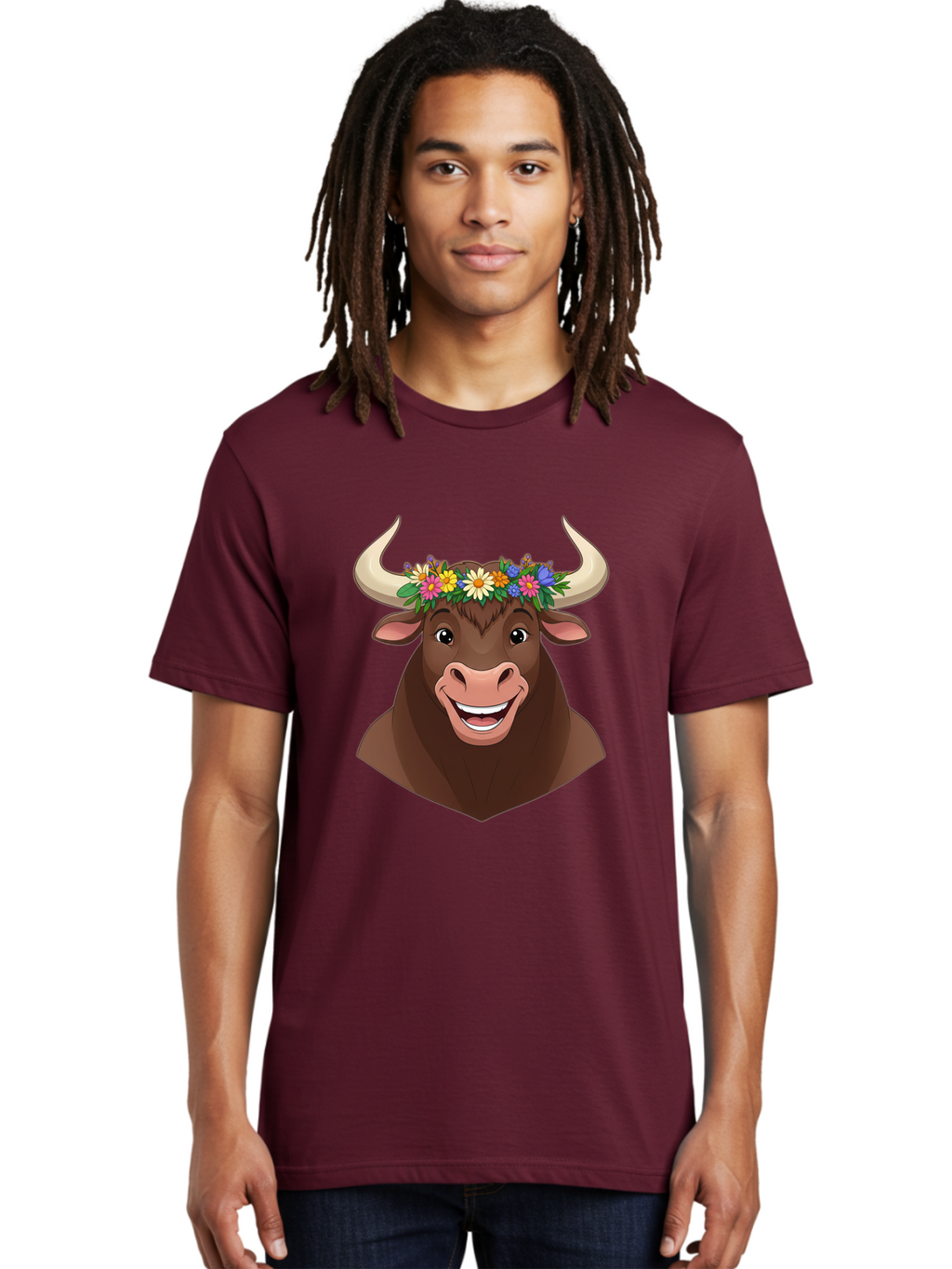 Bull-With-Flowers Men'S Graphic Tee, 100% Cotton, Comfortable Casual Summer Wear, Machine Washable, Cartoon Bull, Floral Crown, Colorful Flowers, Happy Bull, Smiling Face, Cheerful Mood, Vibrant Colors, Playful Character, Funny Illustration, Bae140