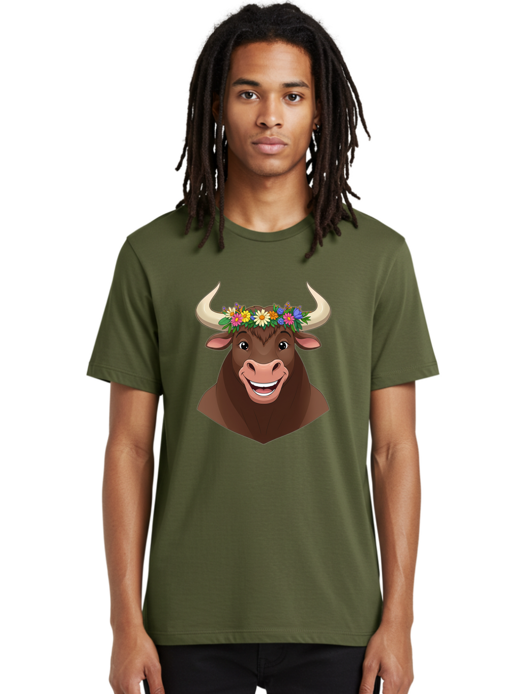 Bull-With-Flowers Men'S Graphic Tee, 100% Cotton, Comfortable Casual Summer Wear, Machine Washable, Cartoon Bull, Floral Crown, Colorful Flowers, Happy Bull, Smiling Face, Cheerful Mood, Vibrant Colors, Playful Character, Funny Illustration, Bae140