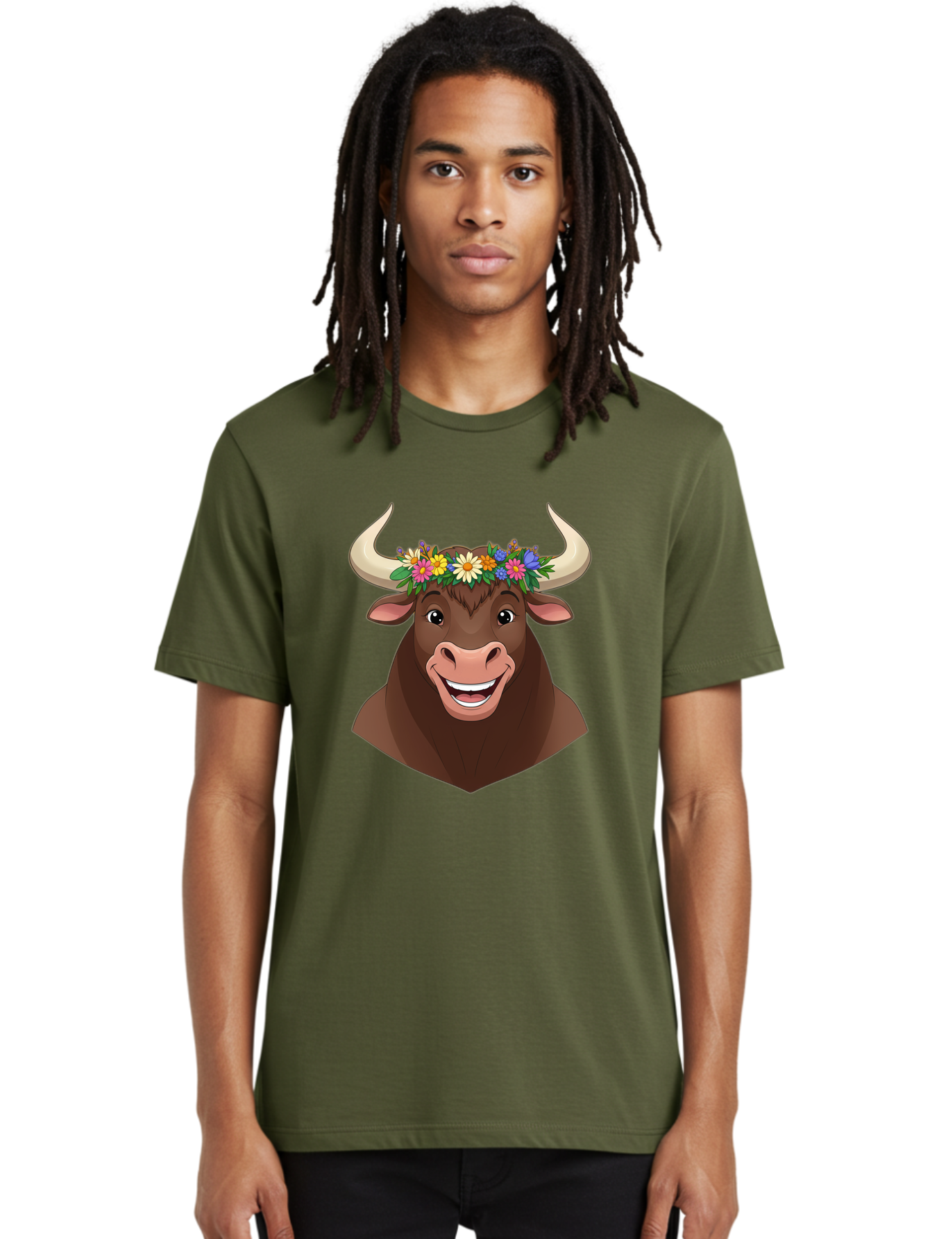 Bull-With-Flowers Men'S Graphic Tee, 100% Cotton, Comfortable Casual Summer Wear, Machine Washable, Cartoon Bull, Floral Crown, Colorful Flowers, Happy Bull, Smiling Face, Cheerful Mood, Vibrant Colors, Playful Character, Funny Illustration, Bae140