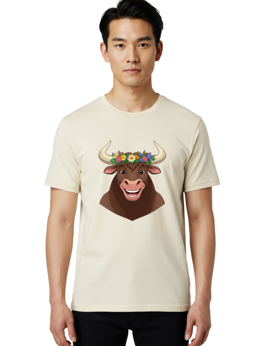 Bull-With-Flowers Men'S Graphic Tee, 100% Cotton, Comfortable Casual Summer Wear, Machine Washable, Cartoon Bull, Floral Crown, Colorful Flowers, Happy Bull, Smiling Face, Cheerful Mood, Vibrant Colors, Playful Character, Funny Illustration, Bae140