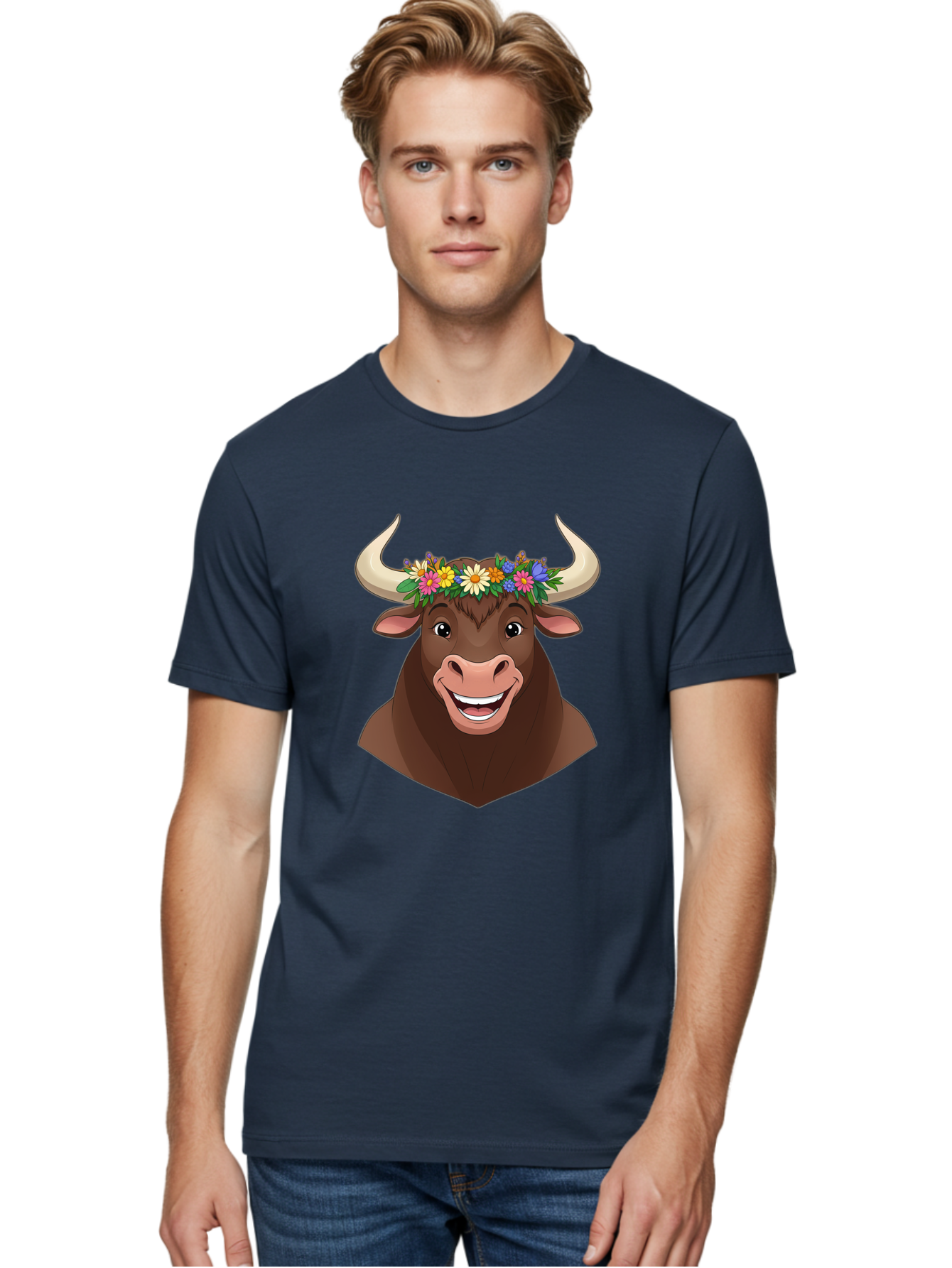 Bull-With-Flowers Men'S Graphic Tee, 100% Cotton, Comfortable Casual Summer Wear, Machine Washable, Cartoon Bull, Floral Crown, Colorful Flowers, Happy Bull, Smiling Face, Cheerful Mood, Vibrant Colors, Playful Character, Funny Illustration, Bae140