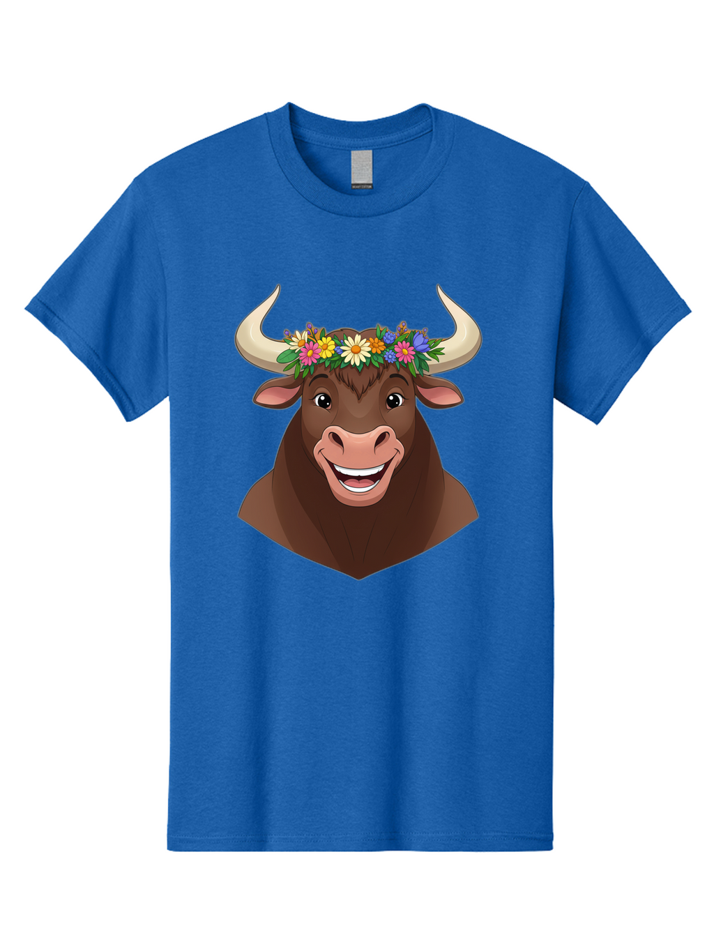 Bull-With-Flowers Men'S Graphic Tee, 100% Cotton, Comfortable Casual Summer Wear, Machine Washable, Cartoon Bull, Floral Crown, Colorful Flowers, Happy Bull, Smiling Face, Cheerful Mood, Vibrant Colors, Playful Character, Funny Illustration, Bae140