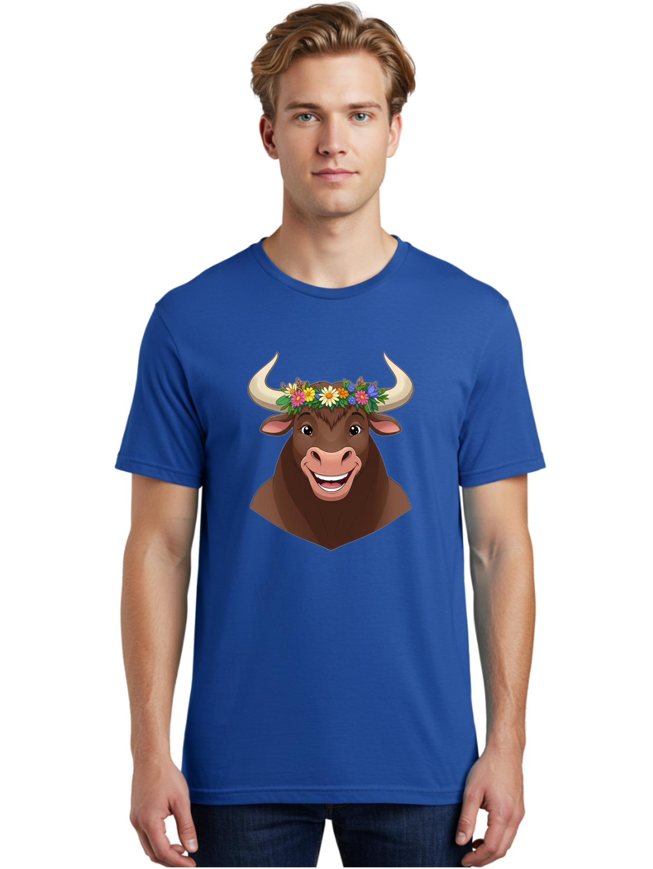 Bull-With-Flowers Men'S Graphic Tee, 100% Cotton, Comfortable Casual Summer Wear, Machine Washable, Cartoon Bull, Floral Crown, Colorful Flowers, Happy Bull, Smiling Face, Cheerful Mood, Vibrant Colors, Playful Character, Funny Illustration, Bae140