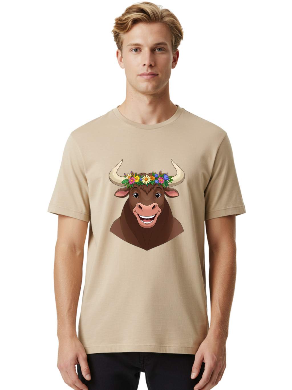 Bull-With-Flowers Men'S Graphic Tee, 100% Cotton, Comfortable Casual Summer Wear, Machine Washable, Cartoon Bull, Floral Crown, Colorful Flowers, Happy Bull, Smiling Face, Cheerful Mood, Vibrant Colors, Playful Character, Funny Illustration, Bae140