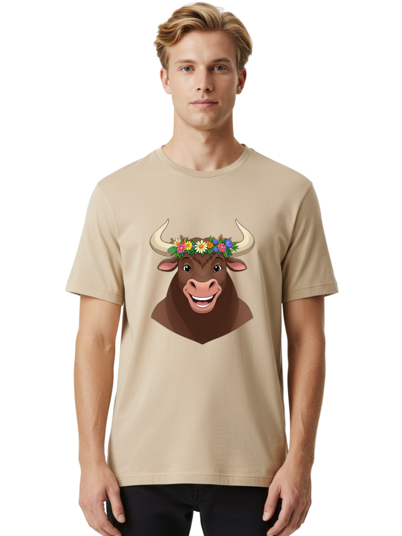 Bull-With-Flowers Men'S Graphic Tee, 100% Cotton, Comfortable Casual Summer Wear, Machine Washable, Cartoon Bull, Floral Crown, Colorful Flowers, Happy Bull, Smiling Face, Cheerful Mood, Vibrant Colors, Playful Character, Funny Illustration, Bae140