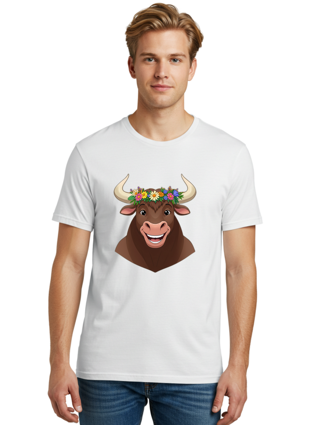 Bull-With-Flowers Men'S Graphic Tee, 100% Cotton, Comfortable Casual Summer Wear, Machine Washable, Cartoon Bull, Floral Crown, Colorful Flowers, Happy Bull, Smiling Face, Cheerful Mood, Vibrant Colors, Playful Character, Funny Illustration, Bae140