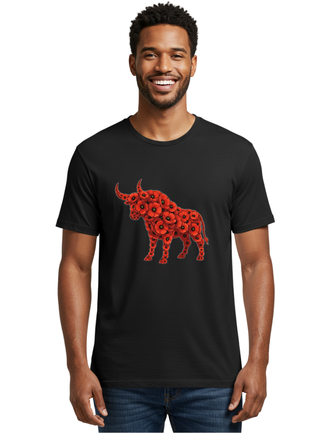 Bull-With-Poppies Men'S Graphic Tee, 100% Cotton, Comfortable Casual Summer Wear, Machine Washable, Red Poppy Flowers, Floral Bull, Bull Silhouette, Vibrant Flowers, Botanical Art, Floral Design, Bull Design, Flowers Bae141