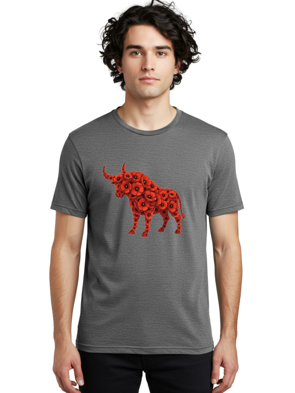 Bull-With-Poppies Men'S Graphic Tee, 100% Cotton, Comfortable Casual Summer Wear, Machine Washable, Red Poppy Flowers, Floral Bull, Bull Silhouette, Vibrant Flowers, Botanical Art, Floral Design, Bull Design, Flowers Bae141