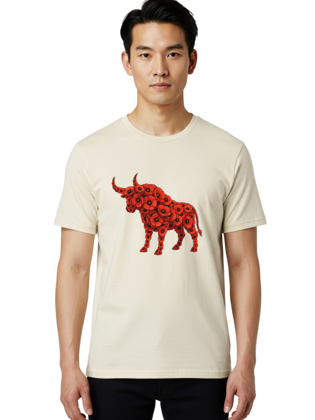 Bull-With-Poppies Men'S Graphic Tee, 100% Cotton, Comfortable Casual Summer Wear, Machine Washable, Red Poppy Flowers, Floral Bull, Bull Silhouette, Vibrant Flowers, Botanical Art, Floral Design, Bull Design, Flowers Bae141