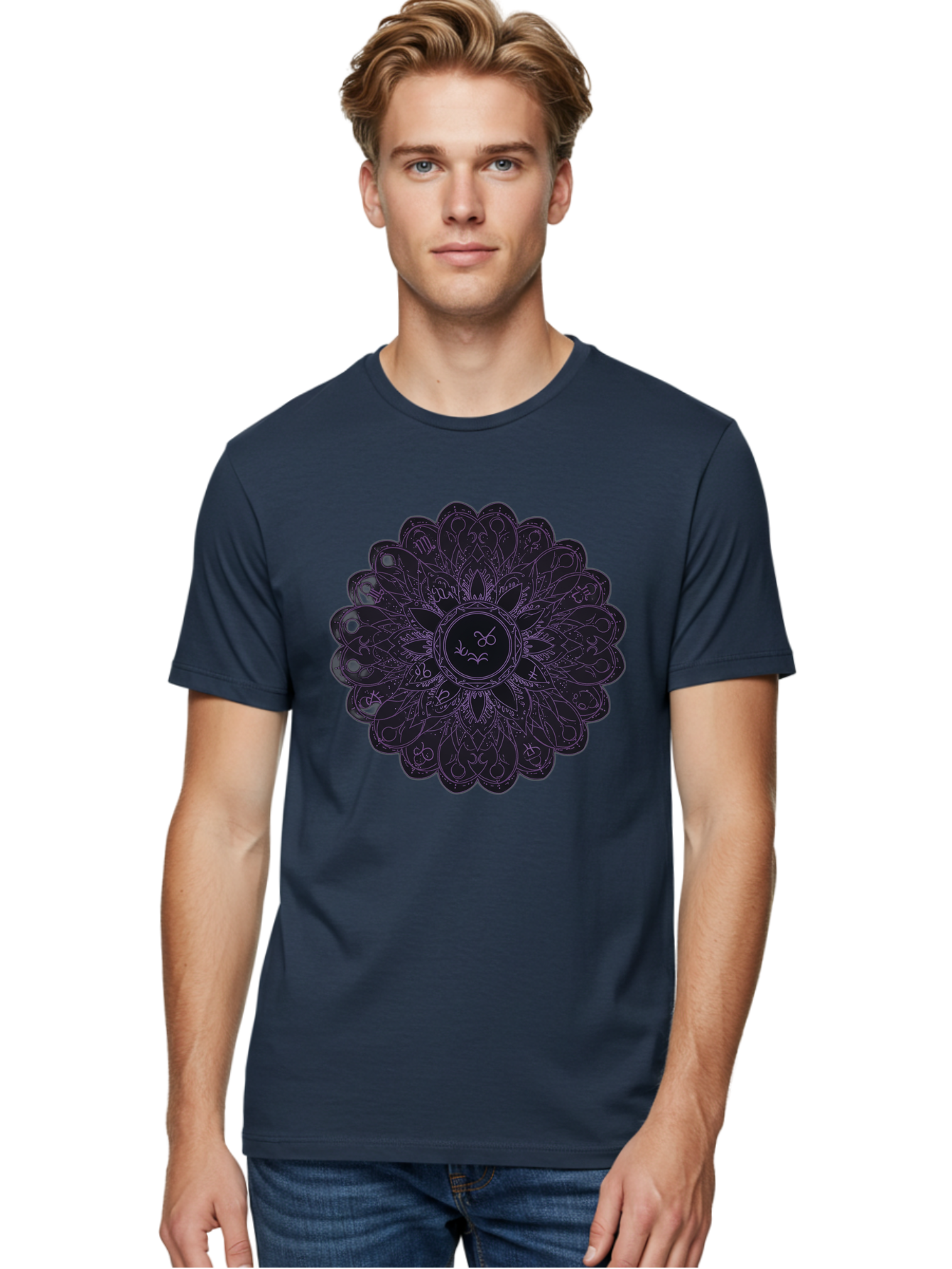 Cancer-Astrology-Symbol-Mandala Men'S Graphic Tee, 100% Cotton, Comfortable Casual Summer Wear, Machine Washable, Zodiac Mandala, Cancer Symbol, Intricate Design, Astrology Art, Mystical Patterns, Symbolic Representation, Cancer Horoscope Bae142