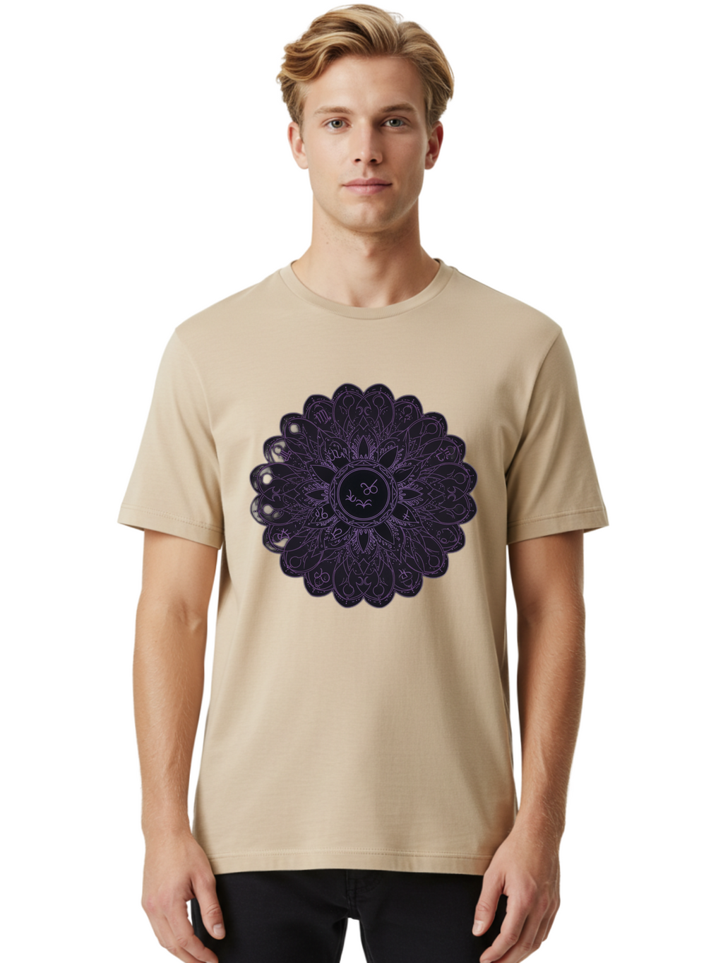 Cancer-Astrology-Symbol-Mandala Men'S Graphic Tee, 100% Cotton, Comfortable Casual Summer Wear, Machine Washable, Zodiac Mandala, Cancer Symbol, Intricate Design, Astrology Art, Mystical Patterns, Symbolic Representation, Cancer Horoscope Bae142