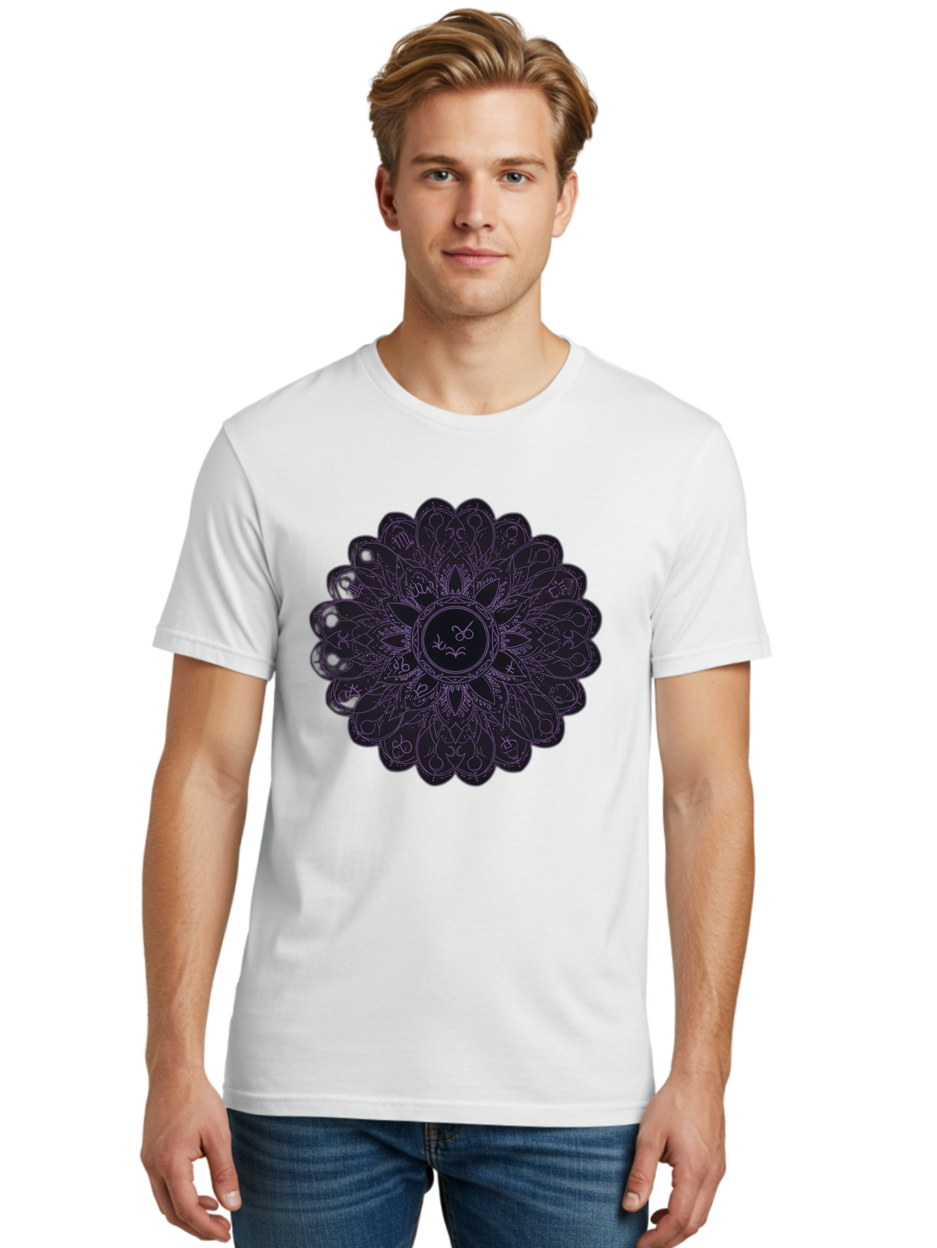 Cancer-Astrology-Symbol-Mandala Men'S Graphic Tee, 100% Cotton, Comfortable Casual Summer Wear, Machine Washable, Zodiac Mandala, Cancer Symbol, Intricate Design, Astrology Art, Mystical Patterns, Symbolic Representation, Cancer Horoscope Bae142