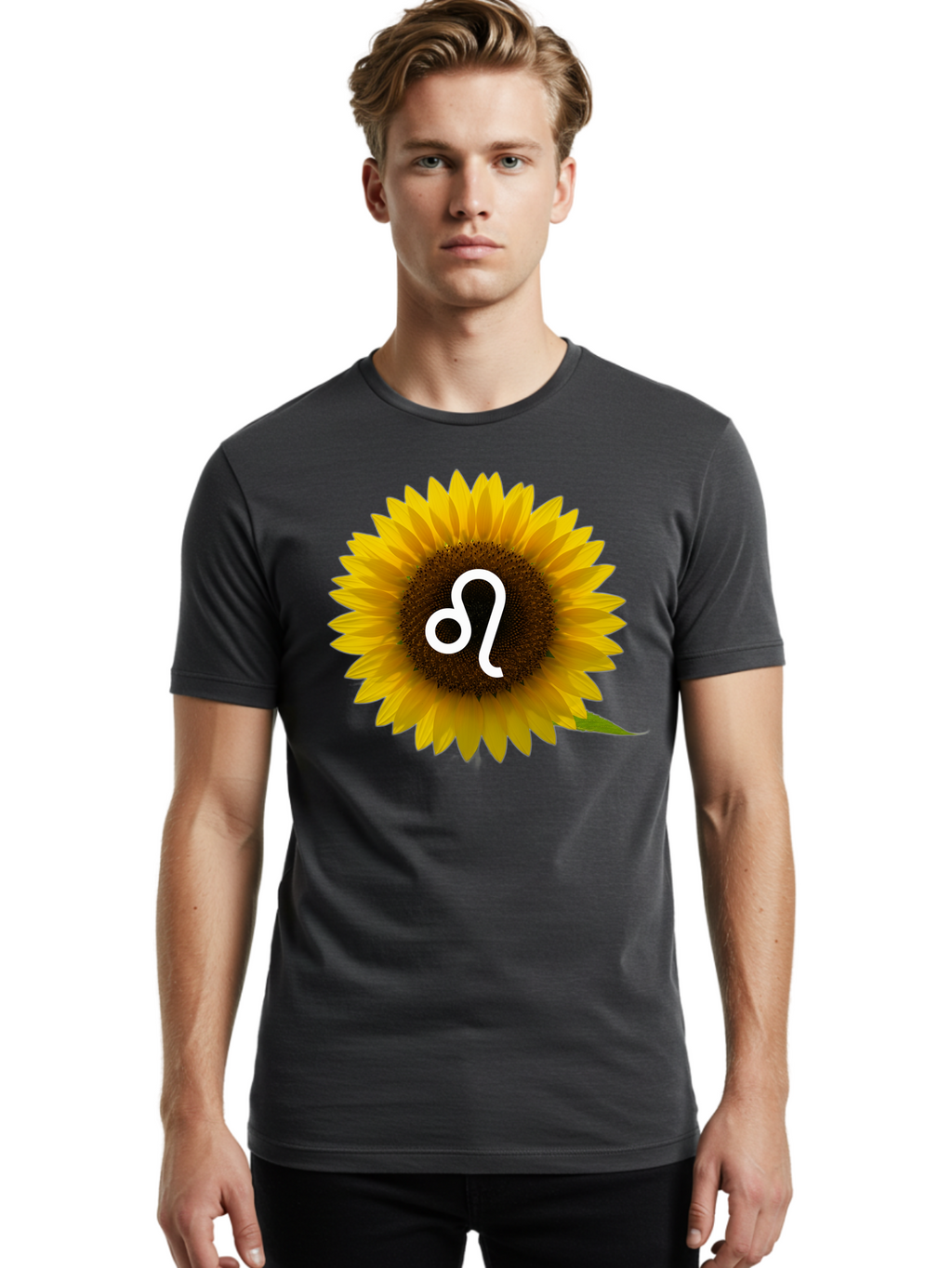Cancer-Zodiac-Symbol-Sunflower Men'S Graphic Tee, 100% Cotton, Comfortable Casual Summer Wear, Machine Washable, Sunflower With Leo Zodiac Symbol, Astrology Sign, Horoscope, Floral Representation, Vibrant Yellow Petals, Symbolic Astrology, Bae143