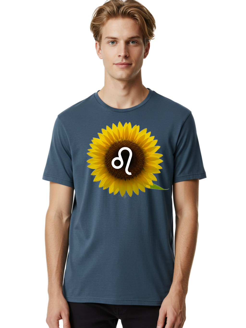 Cancer-Zodiac-Symbol-Sunflower Men'S Graphic Tee, 100% Cotton, Comfortable Casual Summer Wear, Machine Washable, Sunflower With Leo Zodiac Symbol, Astrology Sign, Horoscope, Floral Representation, Vibrant Yellow Petals, Symbolic Astrology, Bae143
