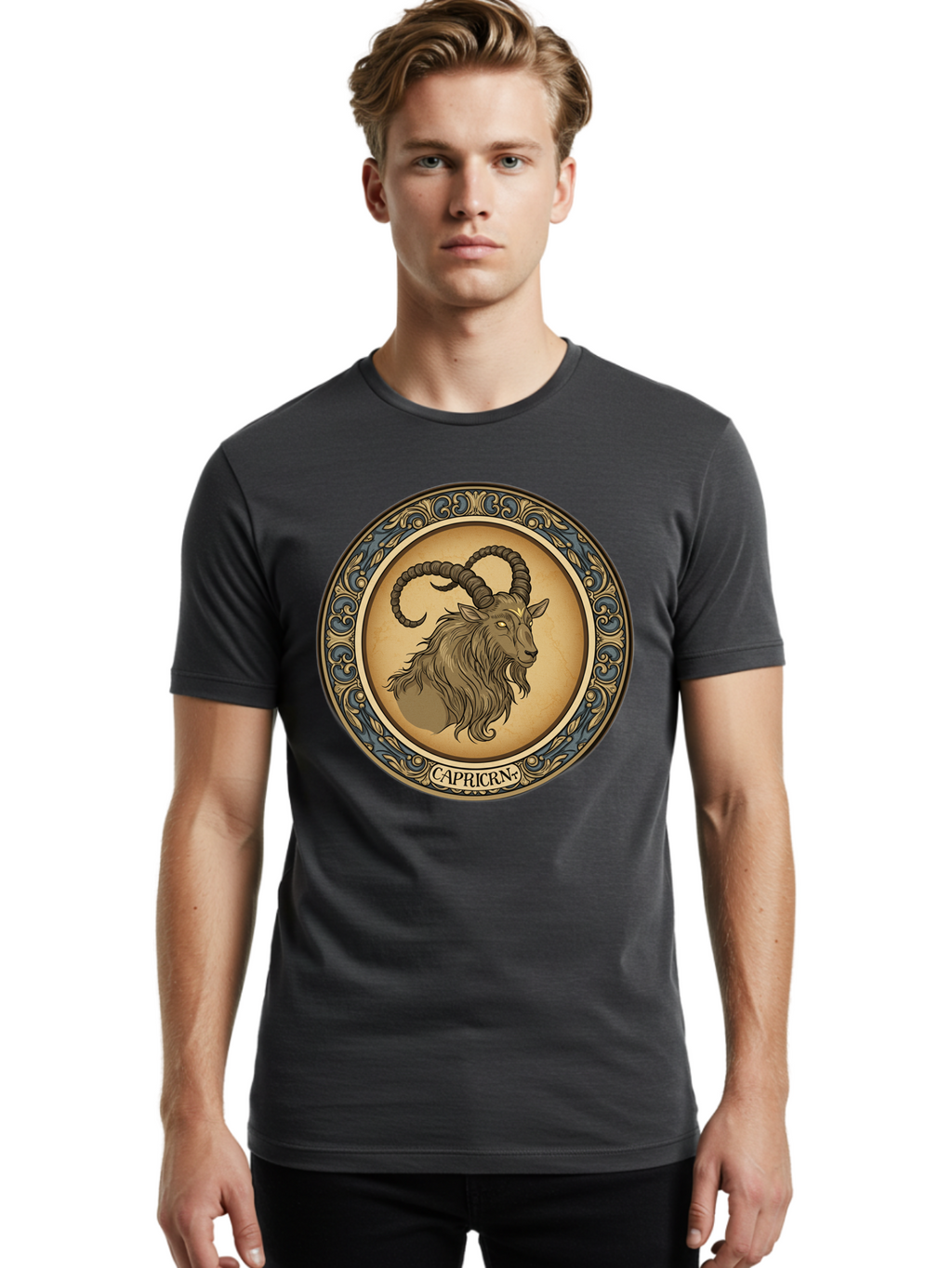 Capricorn-1 Men'S Graphic Tee, 100% Cotton, Comfortable Casual Summer Wear, Machine Washable, Zodiac Sign, Goat Symbol, Horoscope Icon, Astrology, Capricorn Symbol, Goat Illustration, Mystical Signs, Decorative Frame, Astrological Signs Bae144