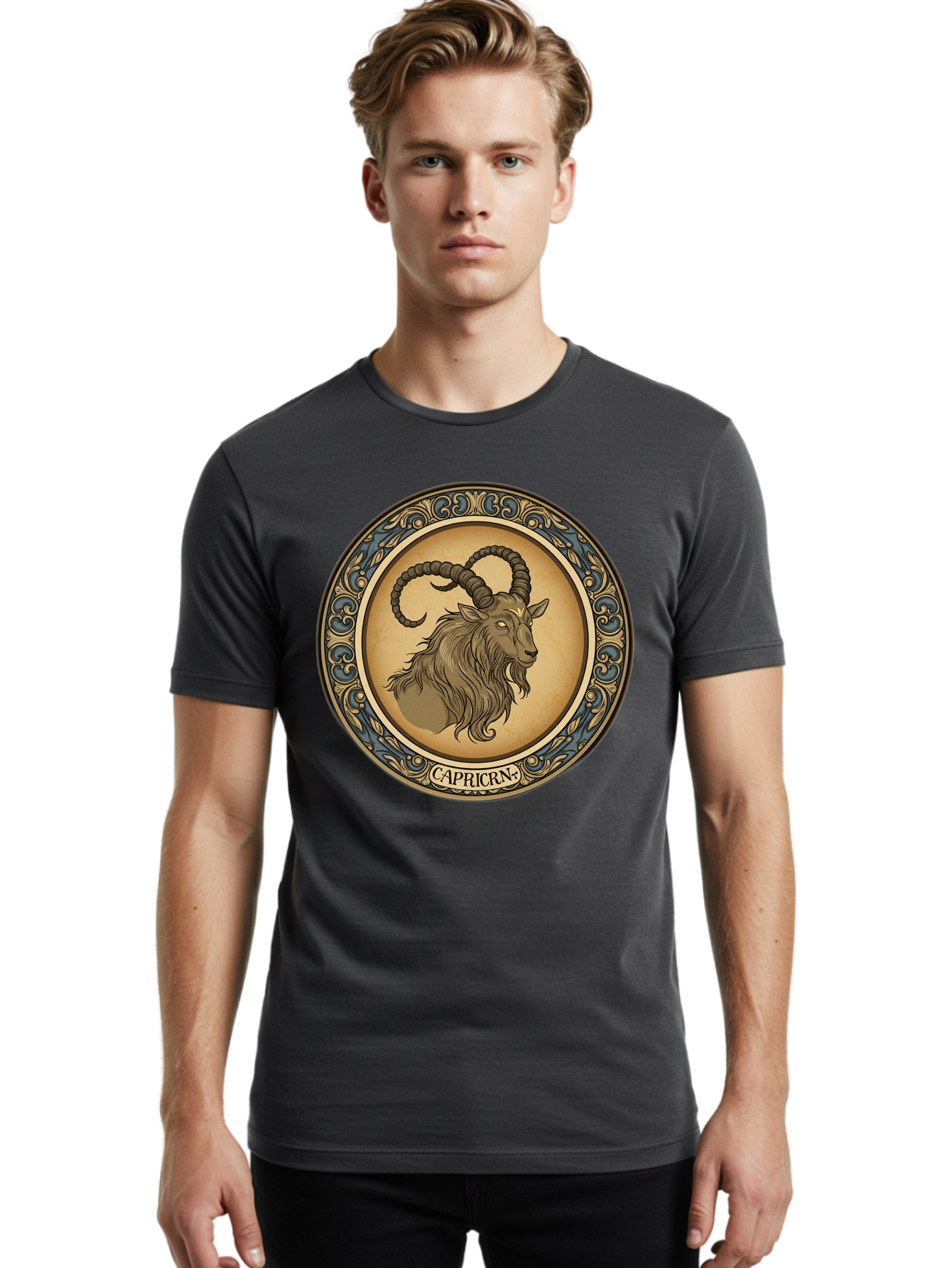 Capricorn-1 Men'S Graphic Tee, 100% Cotton, Comfortable Casual Summer Wear, Machine Washable, Zodiac Sign, Goat Symbol, Horoscope Icon, Astrology, Capricorn Symbol, Goat Illustration, Mystical Signs, Decorative Frame, Astrological Signs Bae144