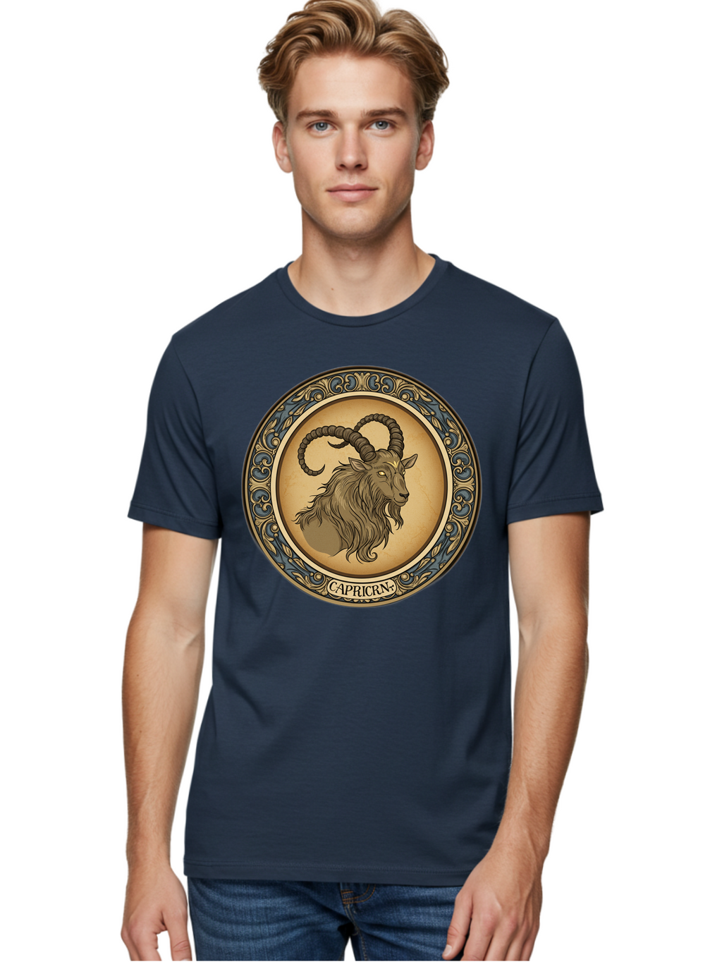 Capricorn-1 Men'S Graphic Tee, 100% Cotton, Comfortable Casual Summer Wear, Machine Washable, Zodiac Sign, Goat Symbol, Horoscope Icon, Astrology, Capricorn Symbol, Goat Illustration, Mystical Signs, Decorative Frame, Astrological Signs Bae144