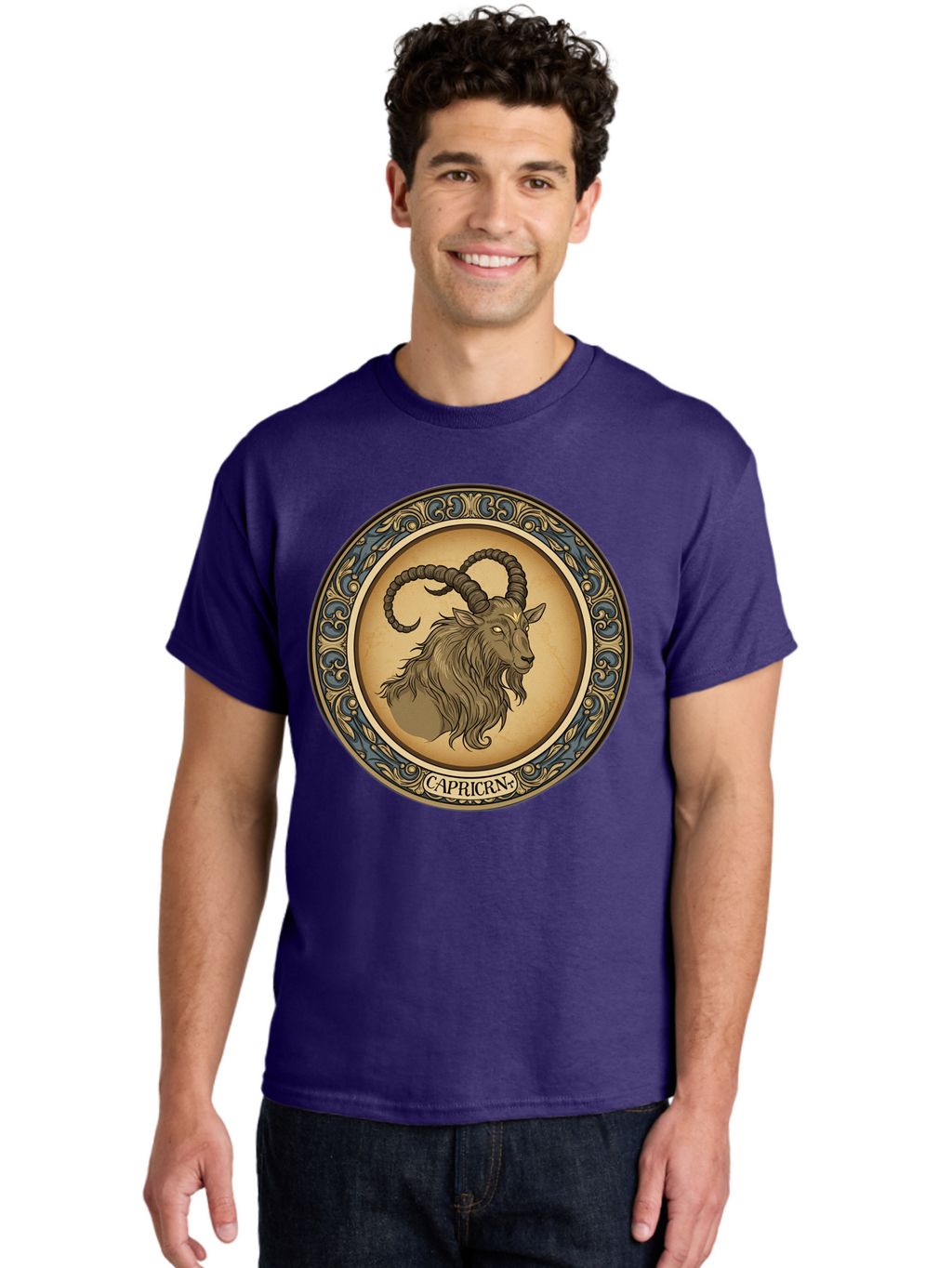 Capricorn-1 Men'S Graphic Tee, 100% Cotton, Comfortable Casual Summer Wear, Machine Washable, Zodiac Sign, Goat Symbol, Horoscope Icon, Astrology, Capricorn Symbol, Goat Illustration, Mystical Signs, Decorative Frame, Astrological Signs Bae144