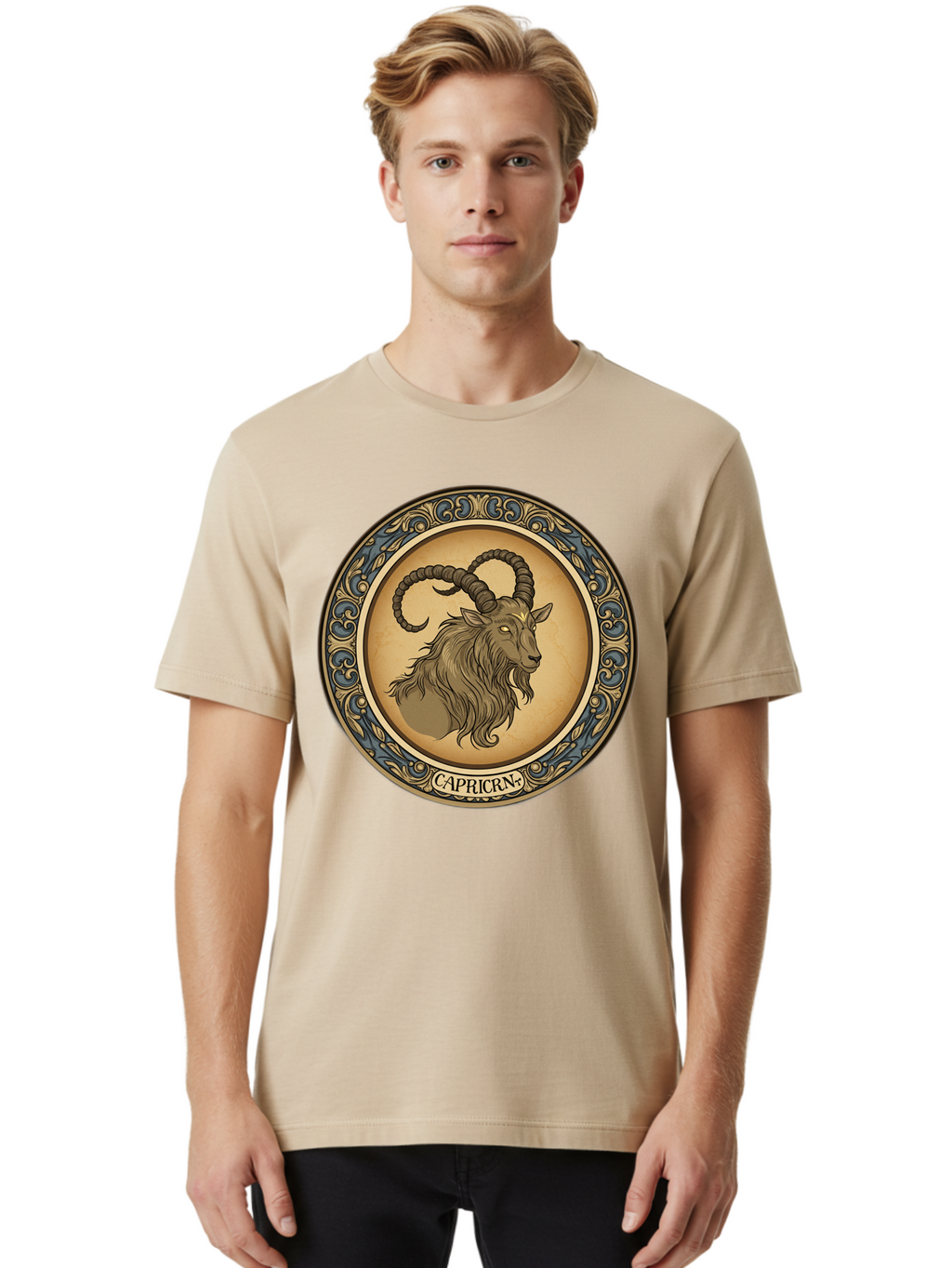 Capricorn-1 Men'S Graphic Tee, 100% Cotton, Comfortable Casual Summer Wear, Machine Washable, Zodiac Sign, Goat Symbol, Horoscope Icon, Astrology, Capricorn Symbol, Goat Illustration, Mystical Signs, Decorative Frame, Astrological Signs Bae144