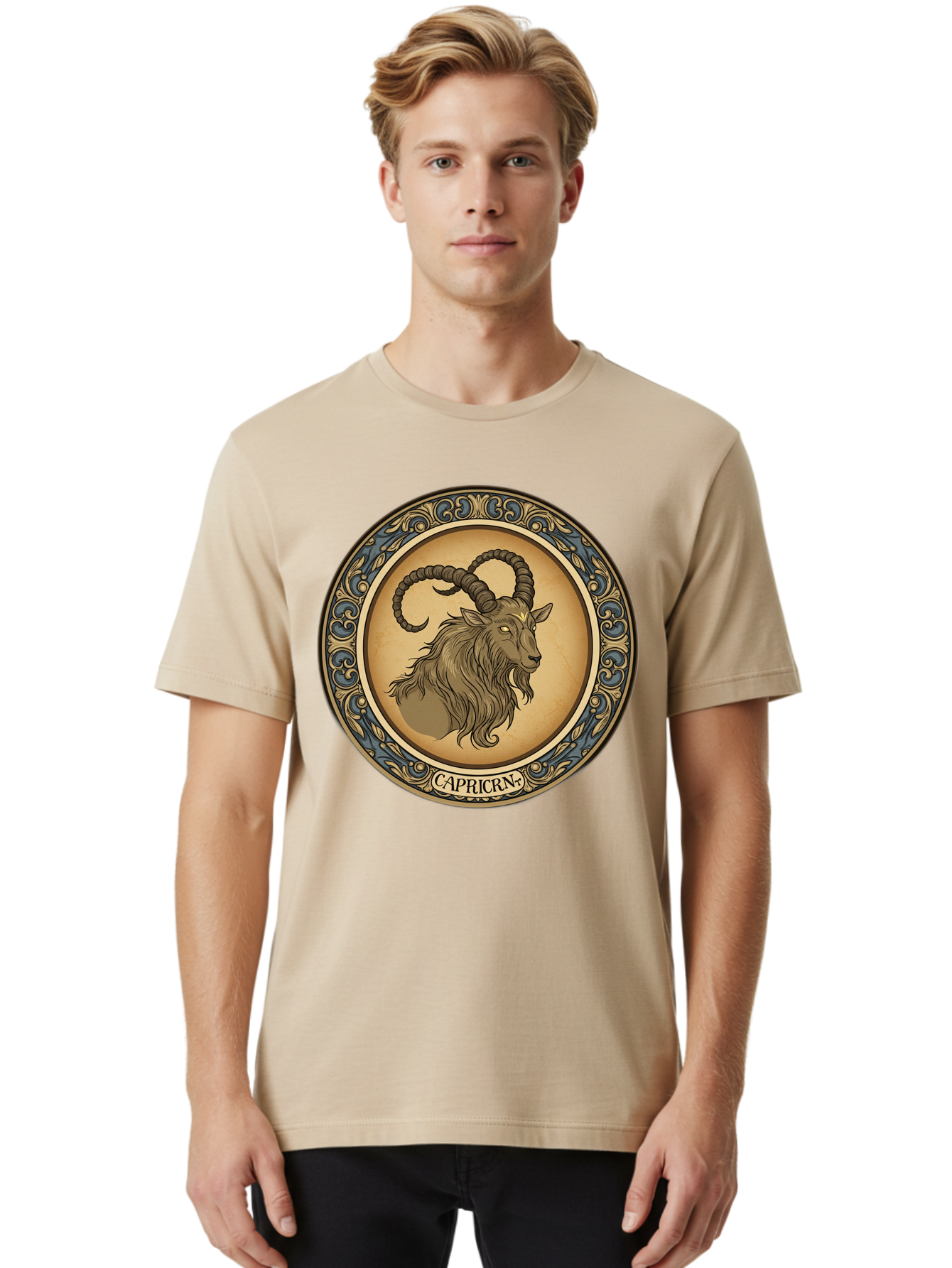 Capricorn-1 Men'S Graphic Tee, 100% Cotton, Comfortable Casual Summer Wear, Machine Washable, Zodiac Sign, Goat Symbol, Horoscope Icon, Astrology, Capricorn Symbol, Goat Illustration, Mystical Signs, Decorative Frame, Astrological Signs Bae144