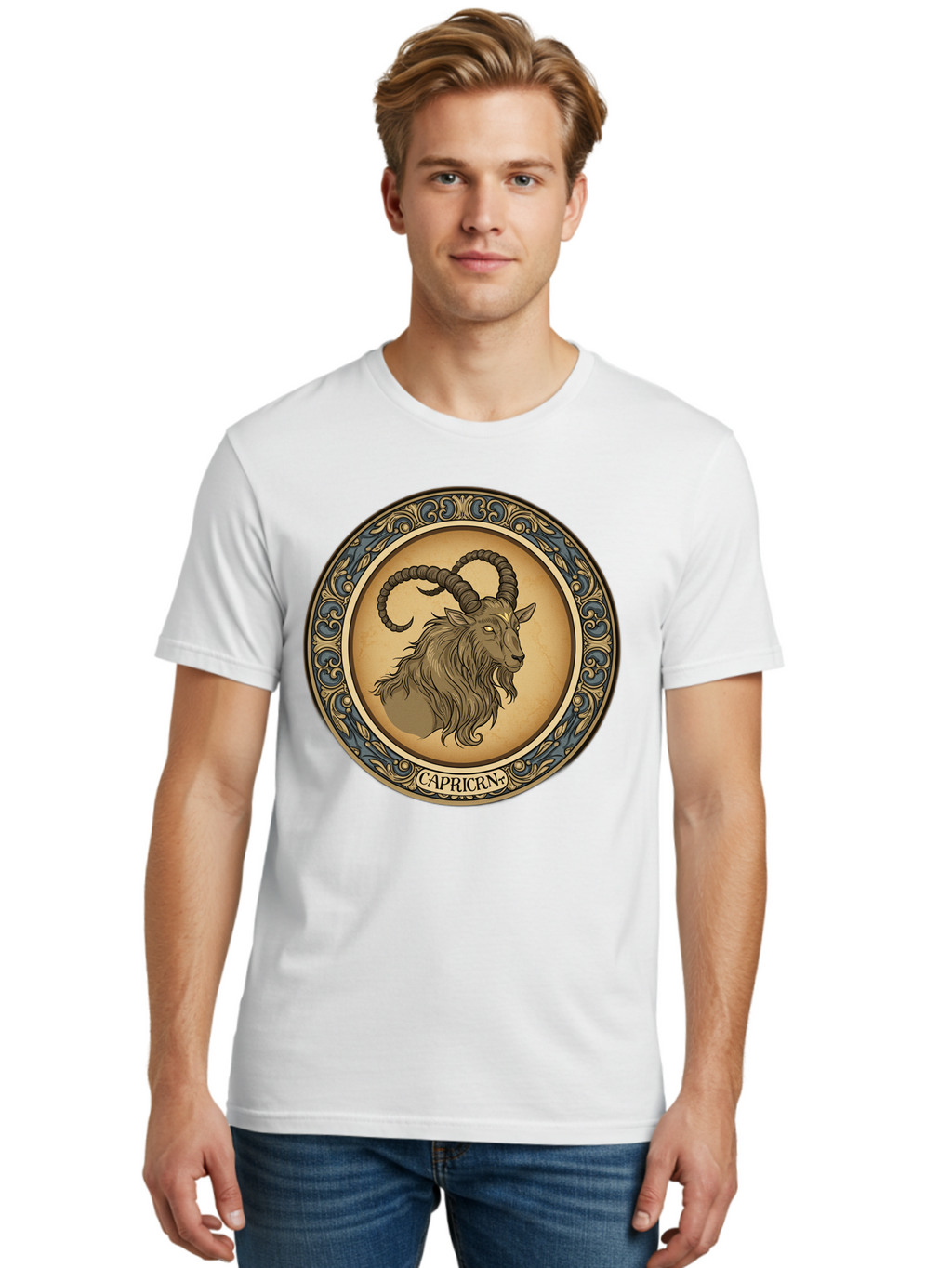 Capricorn-1 Men'S Graphic Tee, 100% Cotton, Comfortable Casual Summer Wear, Machine Washable, Zodiac Sign, Goat Symbol, Horoscope Icon, Astrology, Capricorn Symbol, Goat Illustration, Mystical Signs, Decorative Frame, Astrological Signs Bae144