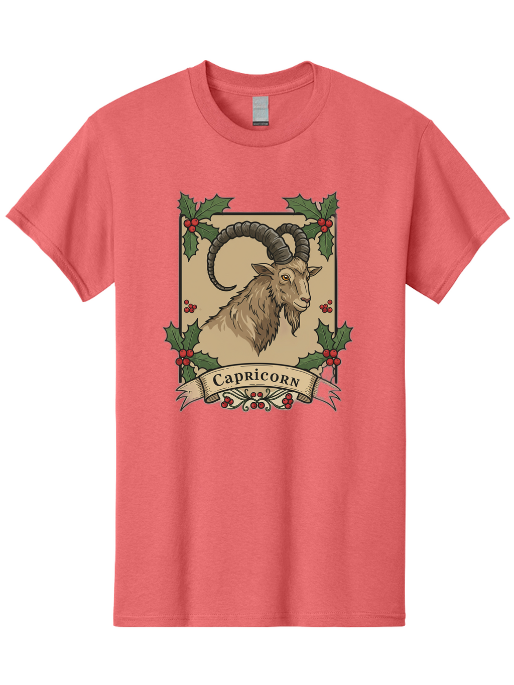Capricorn-Goat Men'S Graphic Tee, 100% Cotton, Comfortable Casual Summer Wear, Machine Washable, Capricorn Zodiac Sign, Goat Illustration, Curved Horns, Vintage Design, Holly Leaves, Red Berries, Decorative Banner, Astrology Symbol, Bae146