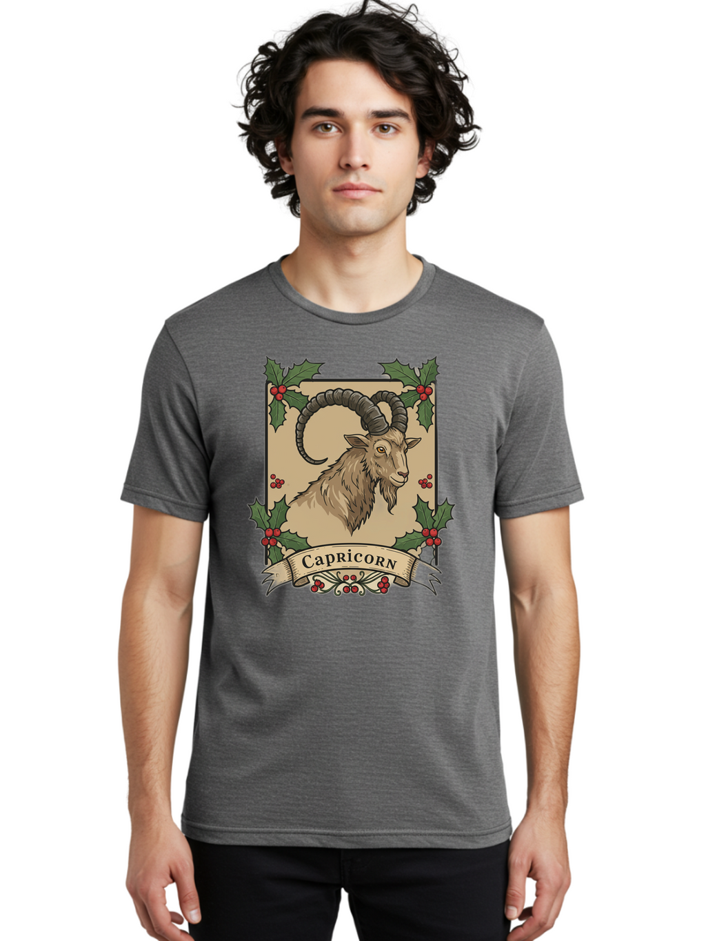 Capricorn-Goat Men'S Graphic Tee, 100% Cotton, Comfortable Casual Summer Wear, Machine Washable, Capricorn Zodiac Sign, Goat Illustration, Curved Horns, Vintage Design, Holly Leaves, Red Berries, Decorative Banner, Astrology Symbol, Bae146