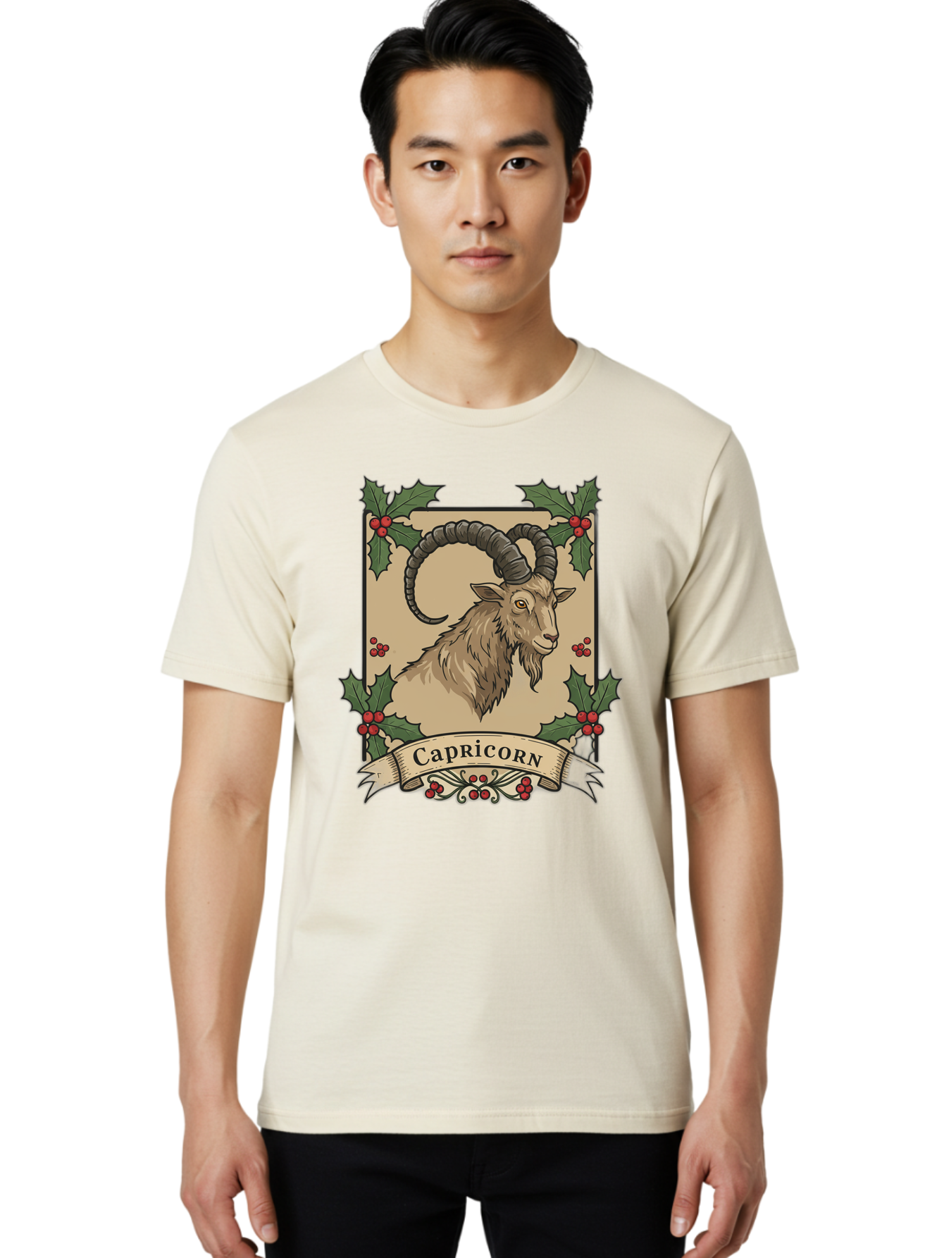 Capricorn-Goat Men'S Graphic Tee, 100% Cotton, Comfortable Casual Summer Wear, Machine Washable, Capricorn Zodiac Sign, Goat Illustration, Curved Horns, Vintage Design, Holly Leaves, Red Berries, Decorative Banner, Astrology Symbol, Bae146