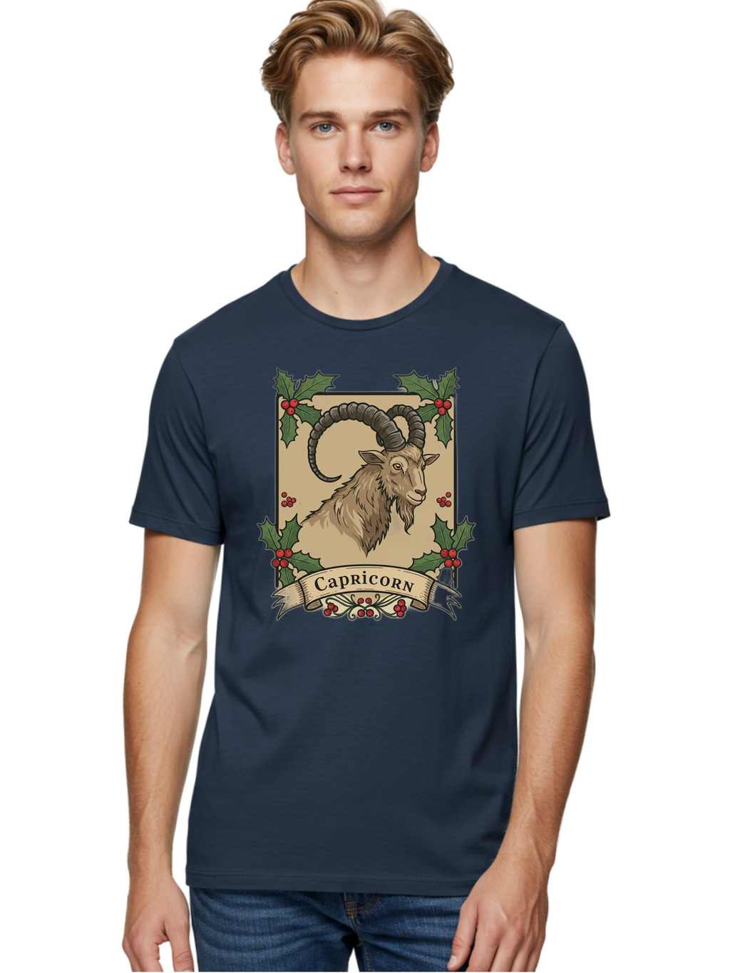 Capricorn-Goat Men'S Graphic Tee, 100% Cotton, Comfortable Casual Summer Wear, Machine Washable, Capricorn Zodiac Sign, Goat Illustration, Curved Horns, Vintage Design, Holly Leaves, Red Berries, Decorative Banner, Astrology Symbol, Bae146