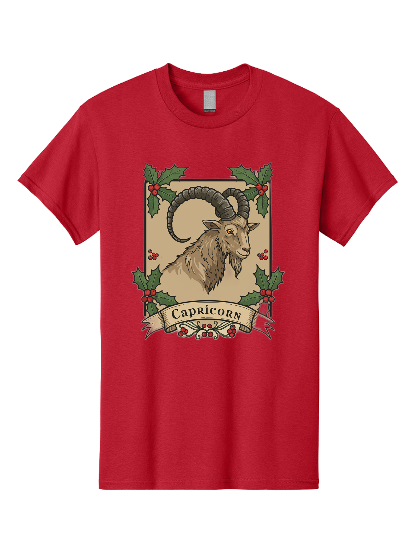 Capricorn-Goat Men'S Graphic Tee, 100% Cotton, Comfortable Casual Summer Wear, Machine Washable, Capricorn Zodiac Sign, Goat Illustration, Curved Horns, Vintage Design, Holly Leaves, Red Berries, Decorative Banner, Astrology Symbol, Bae146