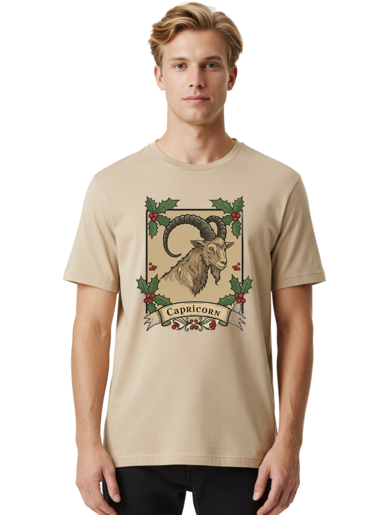 Capricorn-Goat Men'S Graphic Tee, 100% Cotton, Comfortable Casual Summer Wear, Machine Washable, Capricorn Zodiac Sign, Goat Illustration, Curved Horns, Vintage Design, Holly Leaves, Red Berries, Decorative Banner, Astrology Symbol, Bae146