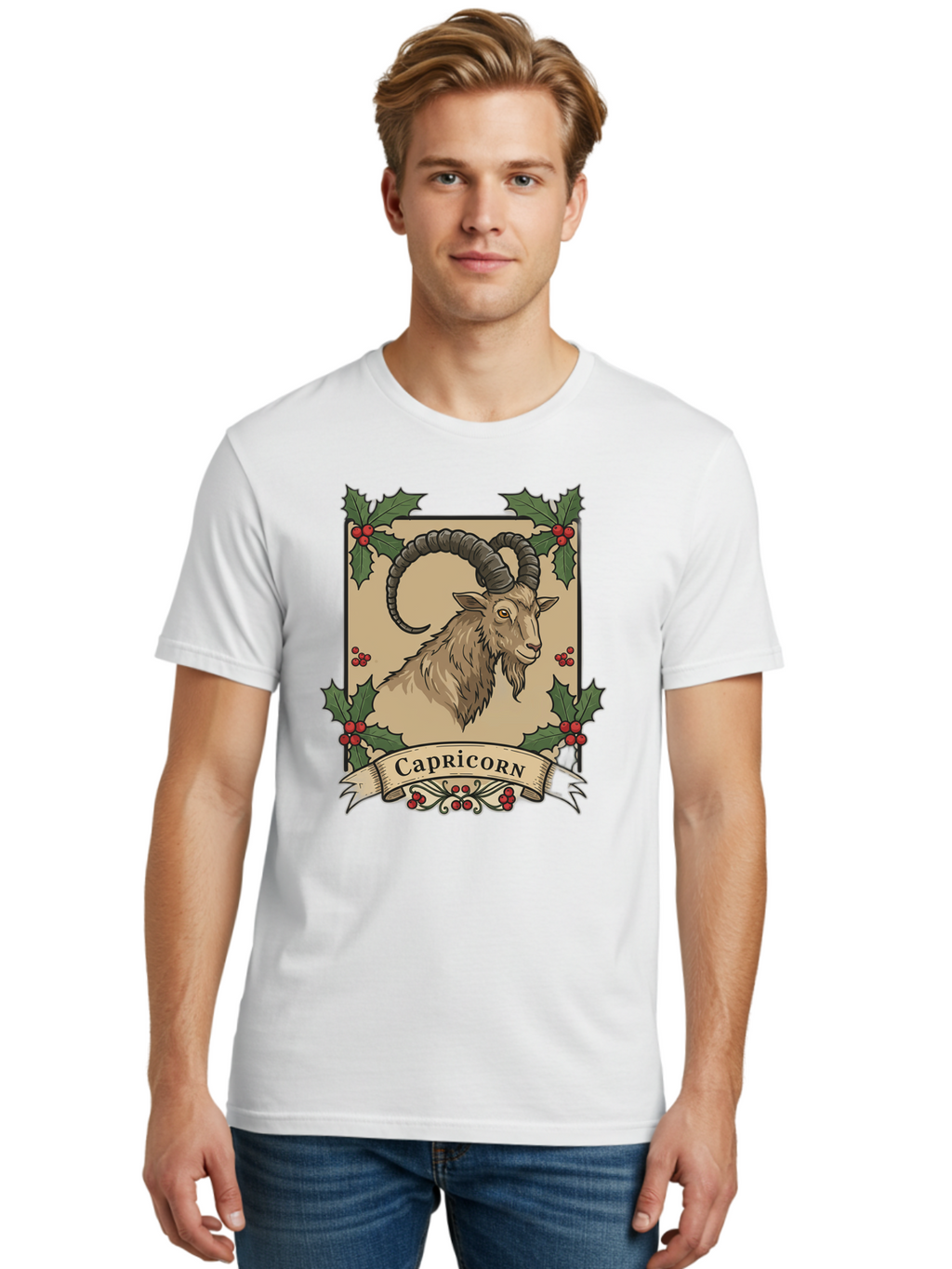 Capricorn-Goat Men'S Graphic Tee, 100% Cotton, Comfortable Casual Summer Wear, Machine Washable, Capricorn Zodiac Sign, Goat Illustration, Curved Horns, Vintage Design, Holly Leaves, Red Berries, Decorative Banner, Astrology Symbol, Bae146