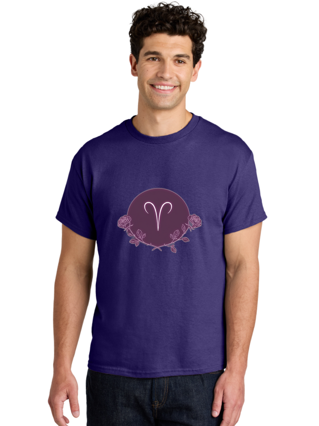 Capricorn Men'S Graphic Tee, 100% Cotton, Comfortable Casual Summer Wear, Machine Washable, Capricorn Symbol, Astrological Sign, Zodiac Wheel, Purple Circle Design, Roses And Leaves, Mystic Symbols, Esoteric Theme, Horoscope Illustration, Bae148