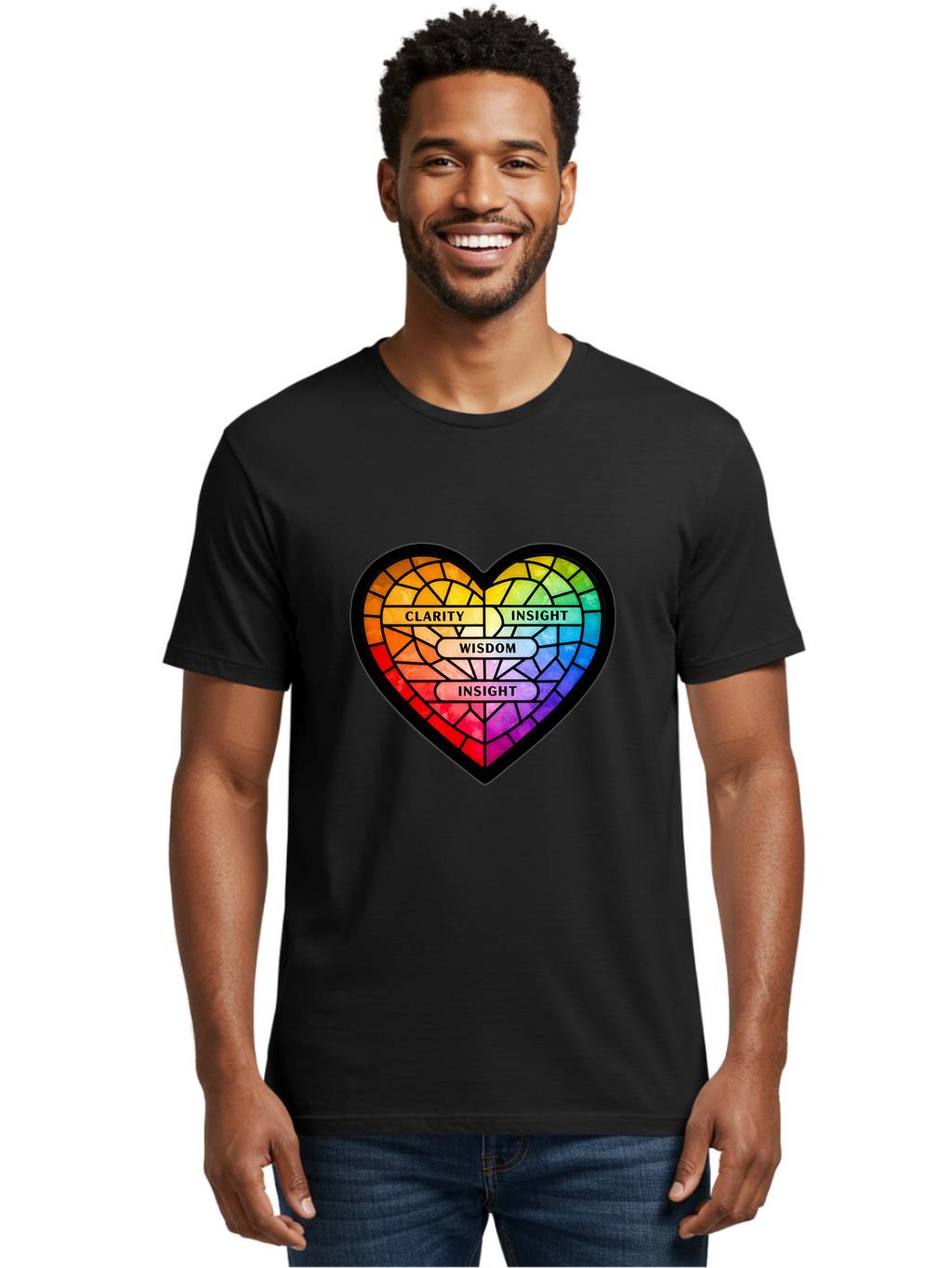 Clarity-Insight-Wisdom Men'S Graphic Tee, 100% Cotton, Comfortable Casual Summer Wear, Machine Washable, Stained Glass Heart, Rainbow Colors, Clarity, Insight, Wisdom, Inspirational Art, Colorful Design, Motivational Quotes, Vibrant Heart Bae150