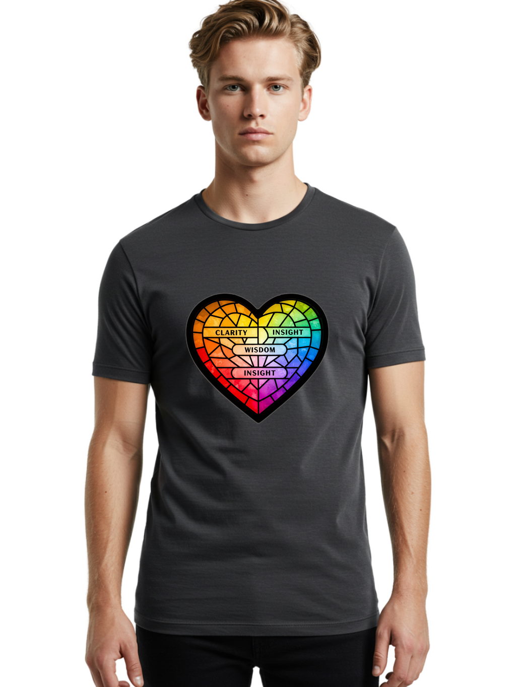 Clarity-Insight-Wisdom Men'S Graphic Tee, 100% Cotton, Comfortable Casual Summer Wear, Machine Washable, Stained Glass Heart, Rainbow Colors, Clarity, Insight, Wisdom, Inspirational Art, Colorful Design, Motivational Quotes, Vibrant Heart Bae150