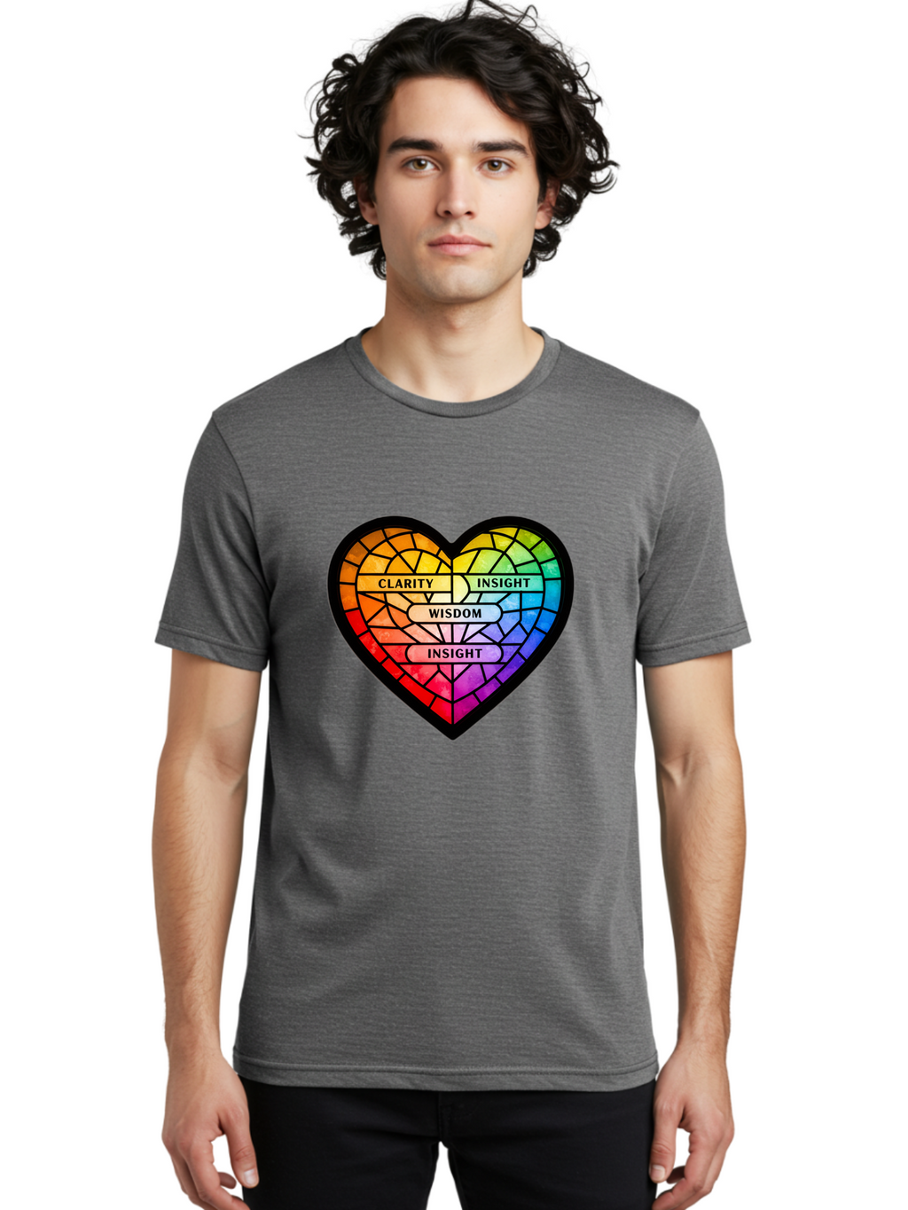 Clarity-Insight-Wisdom Men'S Graphic Tee, 100% Cotton, Comfortable Casual Summer Wear, Machine Washable, Stained Glass Heart, Rainbow Colors, Clarity, Insight, Wisdom, Inspirational Art, Colorful Design, Motivational Quotes, Vibrant Heart Bae150