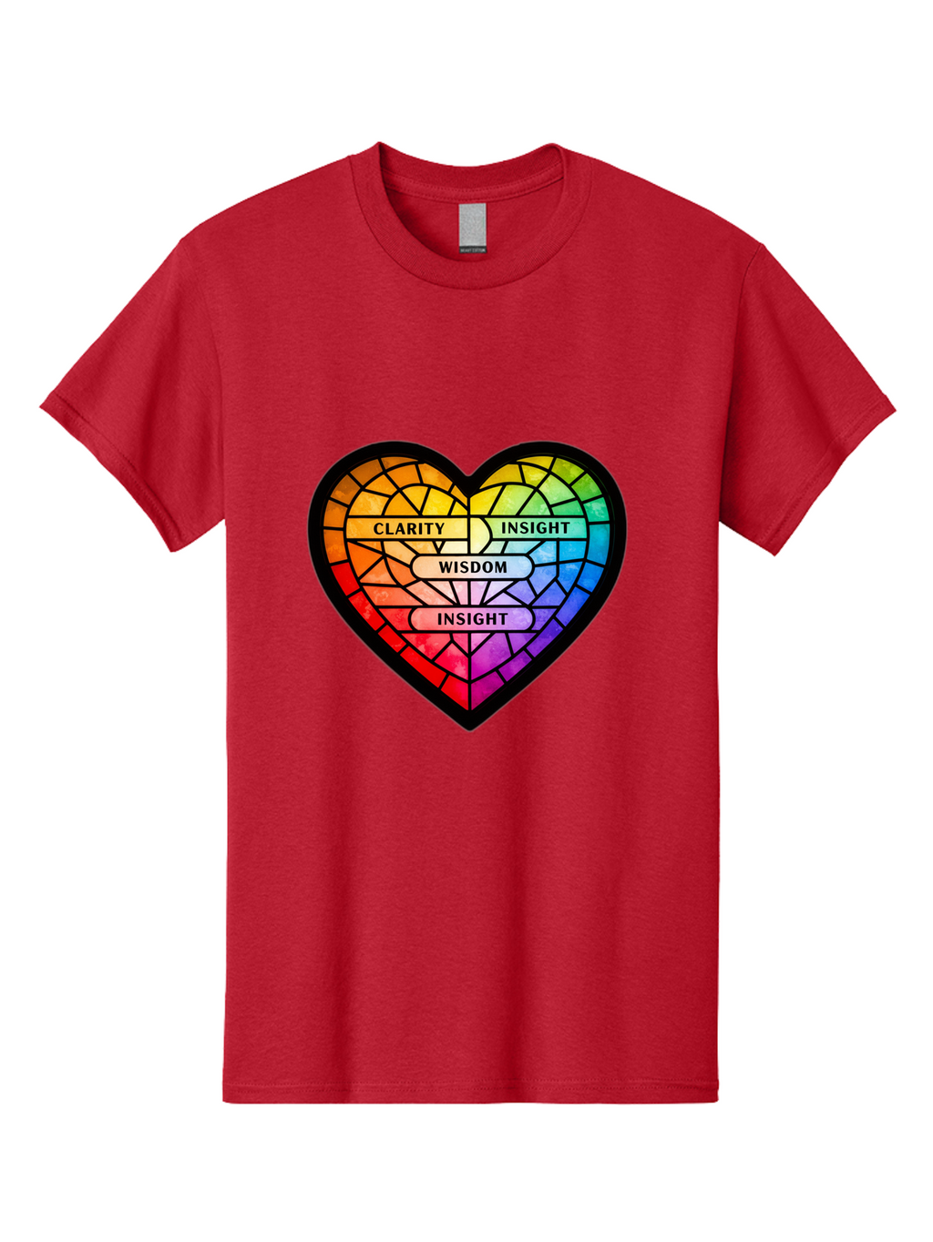 Clarity-Insight-Wisdom Men'S Graphic Tee, 100% Cotton, Comfortable Casual Summer Wear, Machine Washable, Stained Glass Heart, Rainbow Colors, Clarity, Insight, Wisdom, Inspirational Art, Colorful Design, Motivational Quotes, Vibrant Heart Bae150